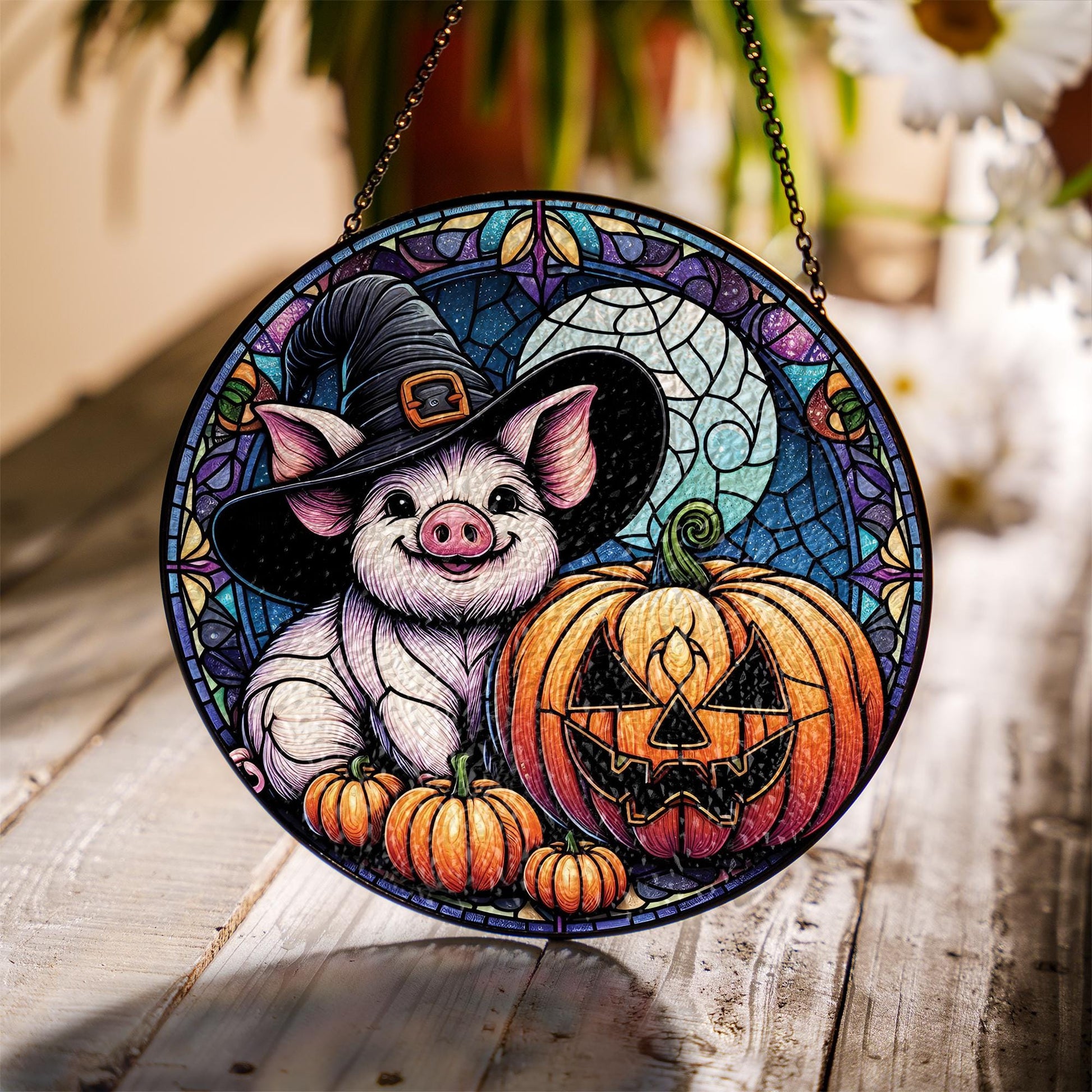 Pig and Pumpkin Glass Suncatcher, Halloween Witch Hat Scene