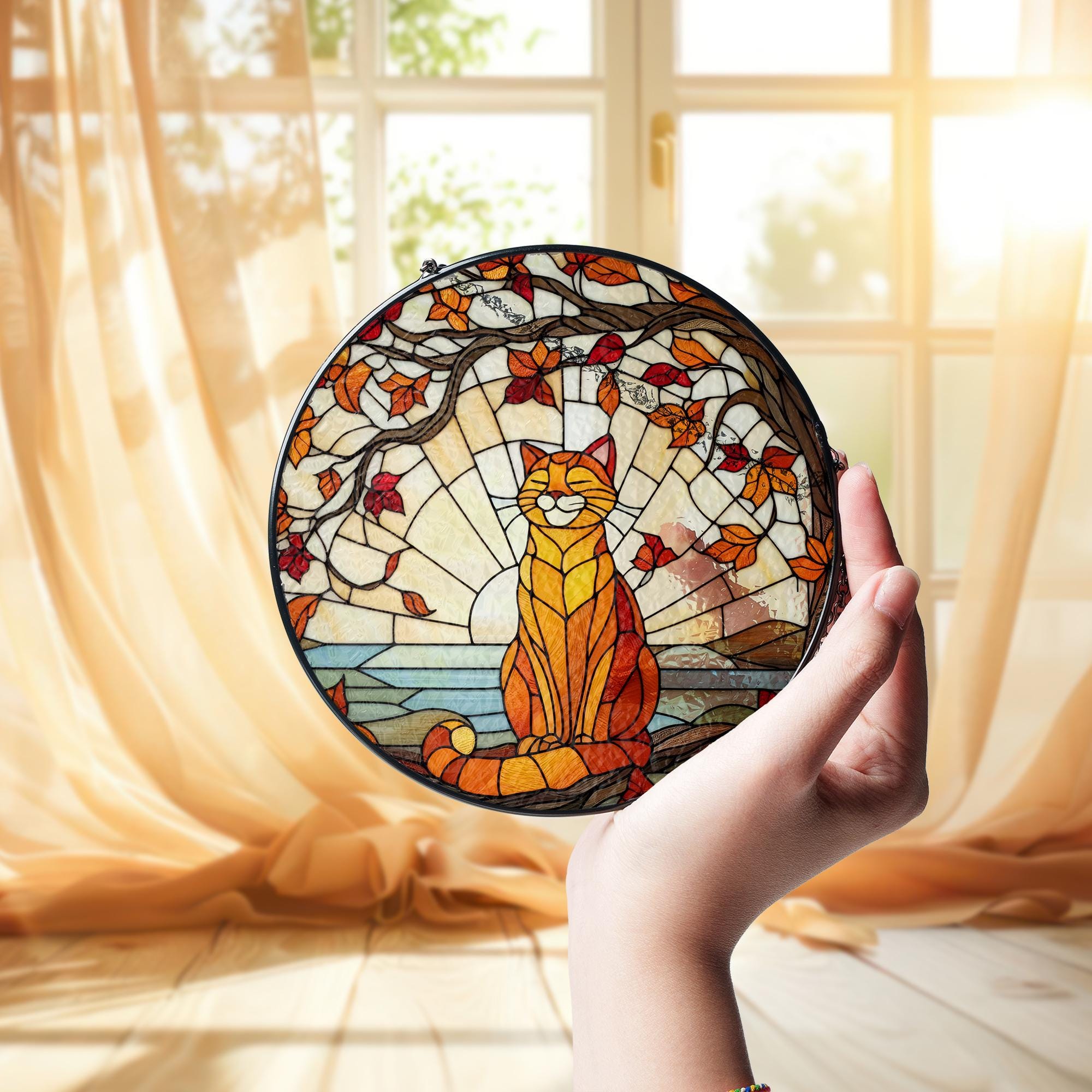 Glass Suncatcher with Cat Design, Autumn Leaves and Sunset Scene