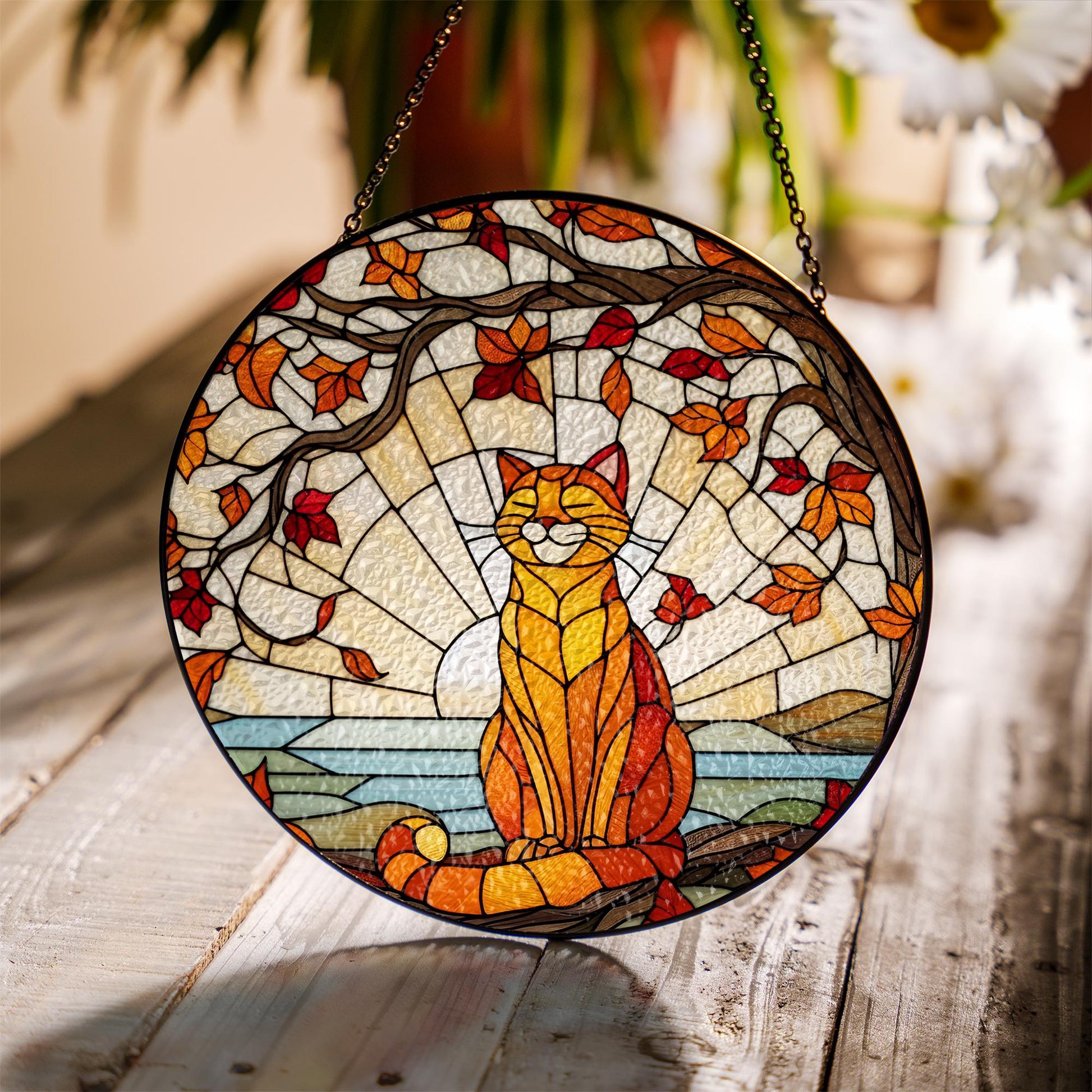 Glass Suncatcher with Cat Design, Autumn Leaves and Sunset Scene