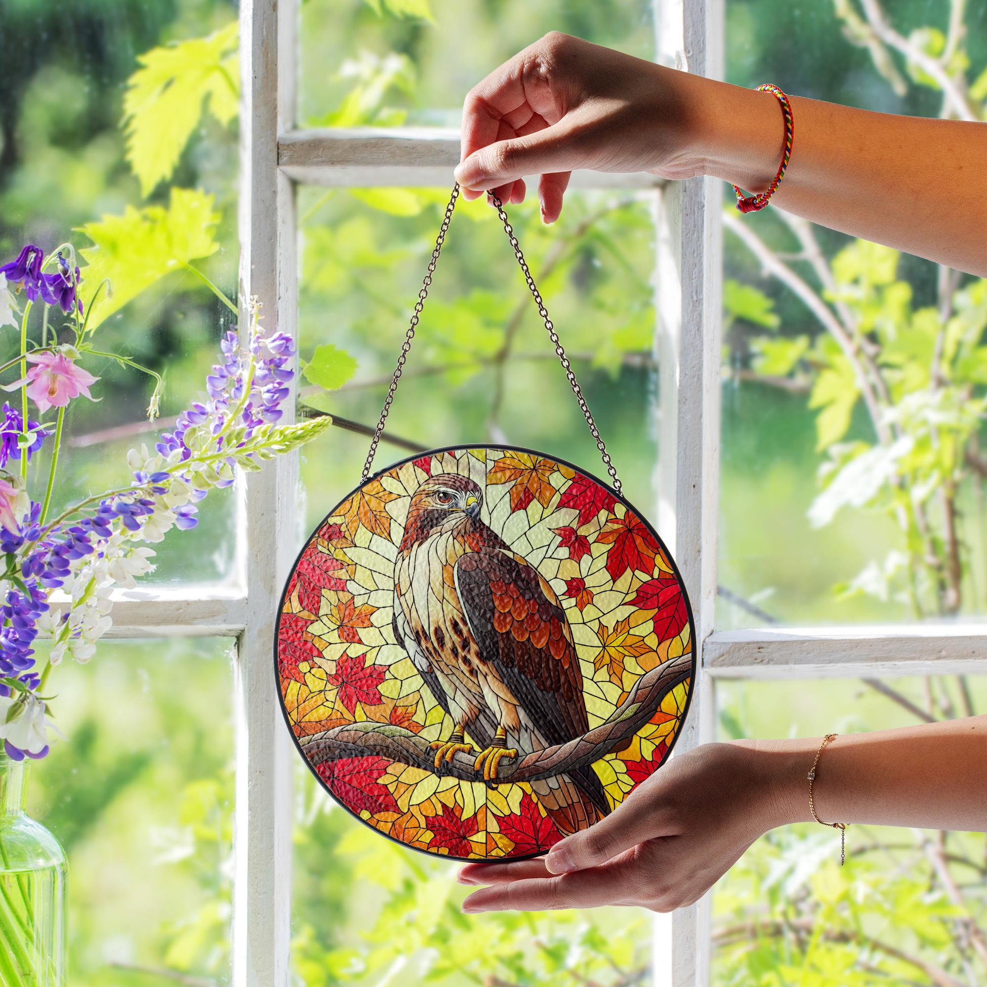 Red Tailed Hawk Suncatcher - Autumn Leaves Window Hanging Ornament