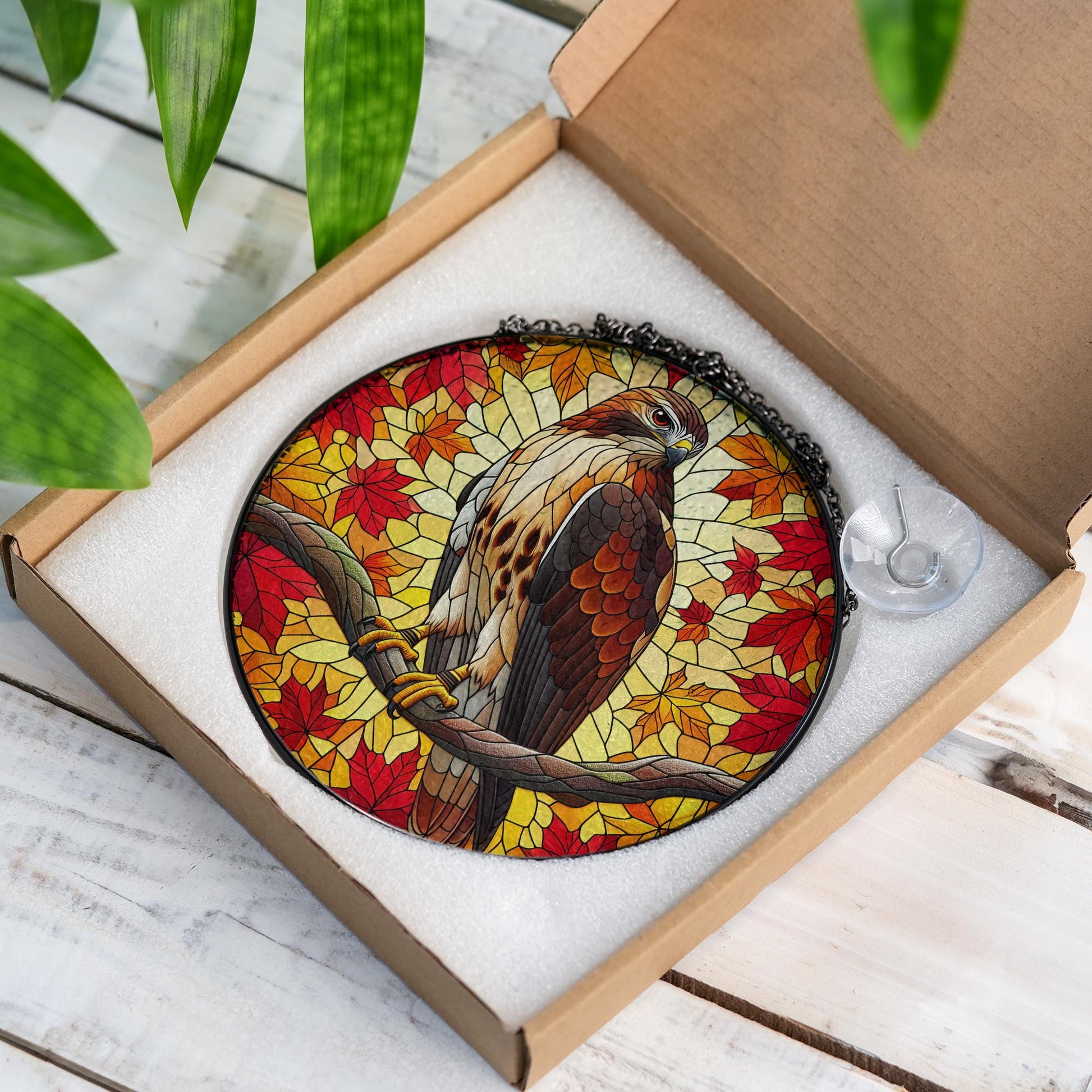 Red Tailed Hawk Suncatcher - Autumn Leaves Window Hanging Ornament