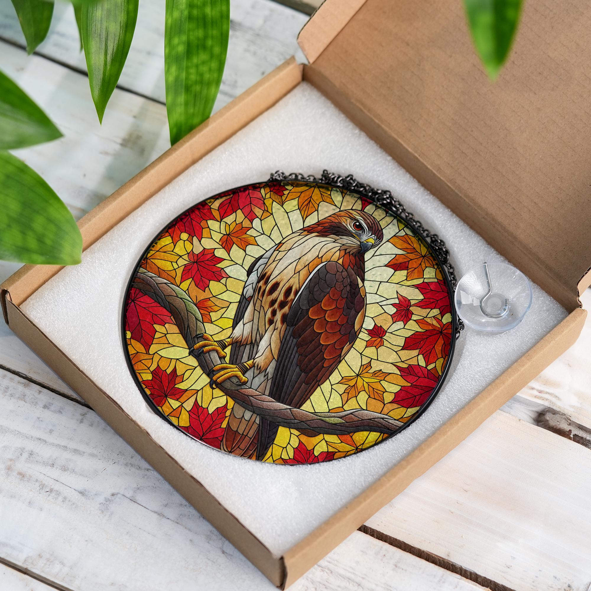 Red Tailed Hawk Suncatcher - Autumn Leaves Window Hanging Ornament