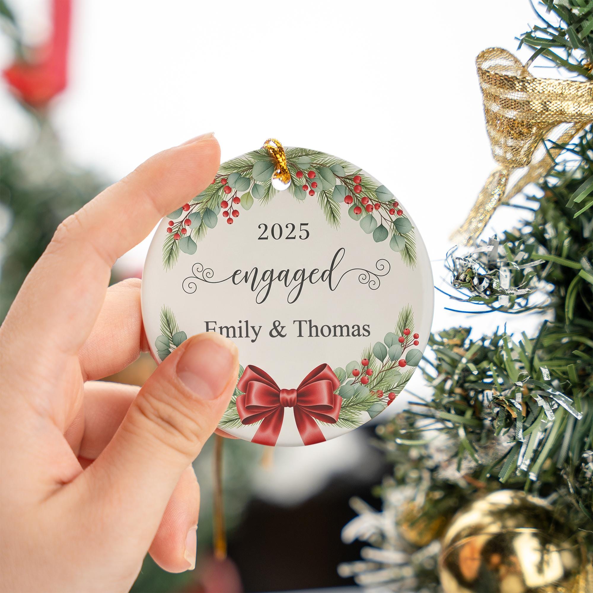 Personalized Engagement Ornament with Names and Year: Christmas Wreath Holiday Decoration