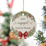 Personalized Engagement Ornament with Names and Year: Christmas Wreath Holiday Decoration
