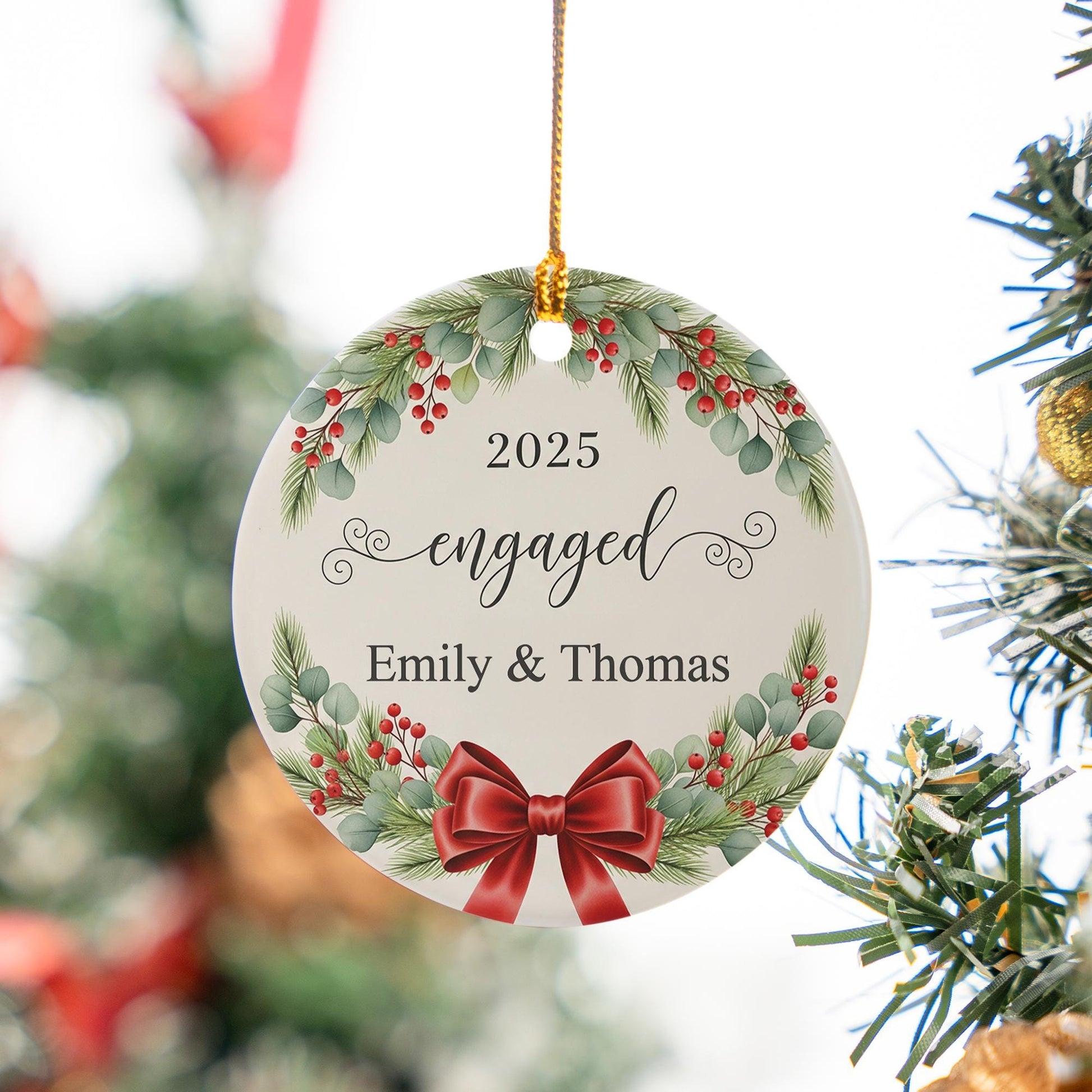 Personalized Engagement Ornament with Names and Year: Christmas Wreath Holiday Decoration