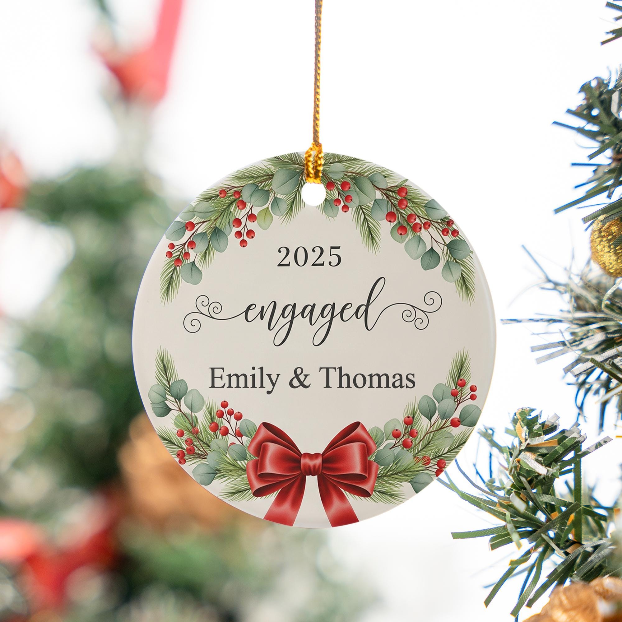 Personalized Engagement Ornament with Names and Year: Christmas Wreath Holiday Decoration