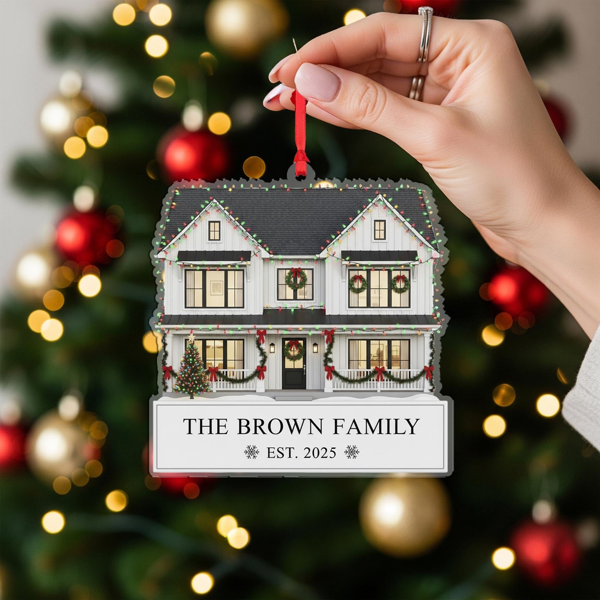 Custom House Christmas Ornament with Family Name and Year: Personalized Home Ornament