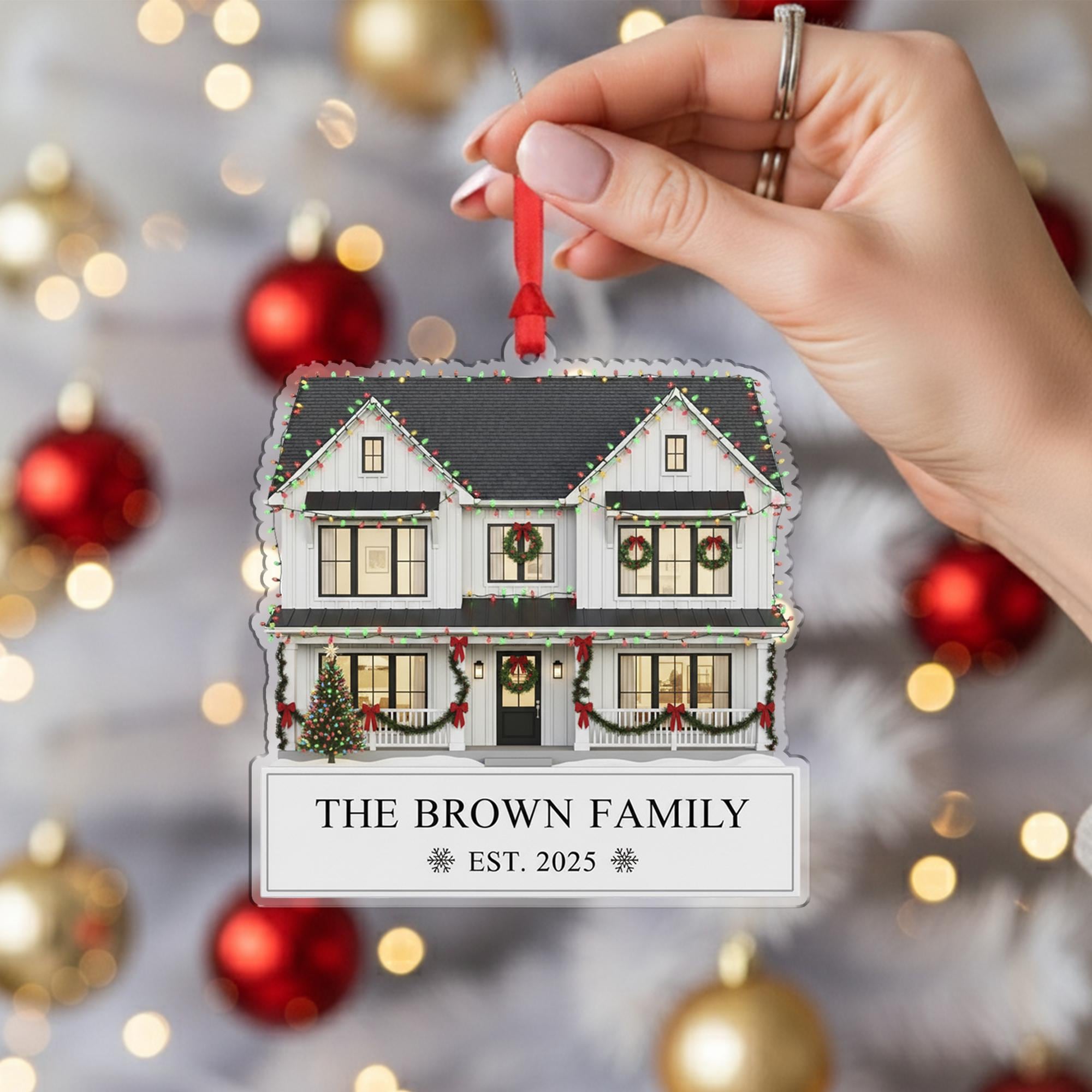 Custom House Christmas Ornament with Family Name and Year: Personalized Home Ornament