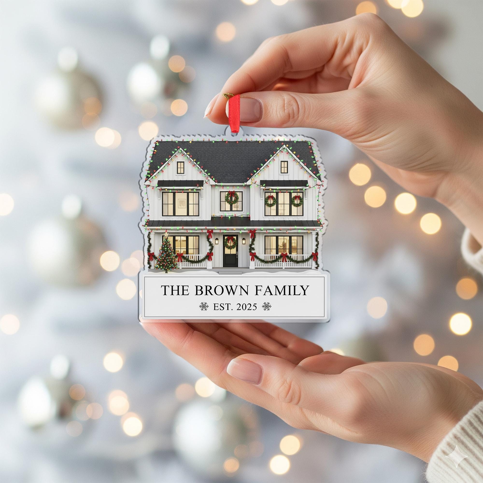 Custom House Christmas Ornament with Family Name and Year: Personalized Home Ornament