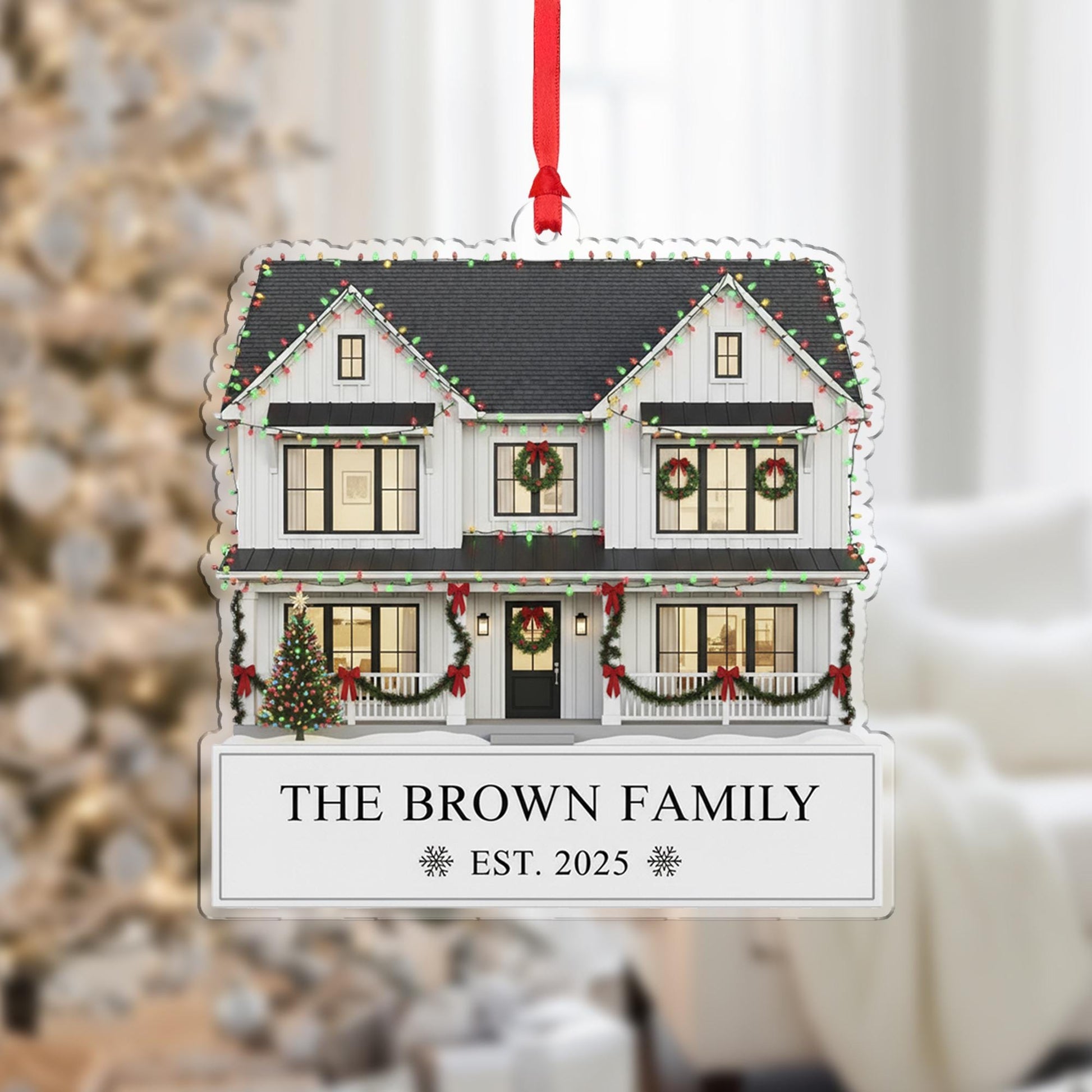 Custom House Christmas Ornament with Family Name and Year: Personalized Home Ornament