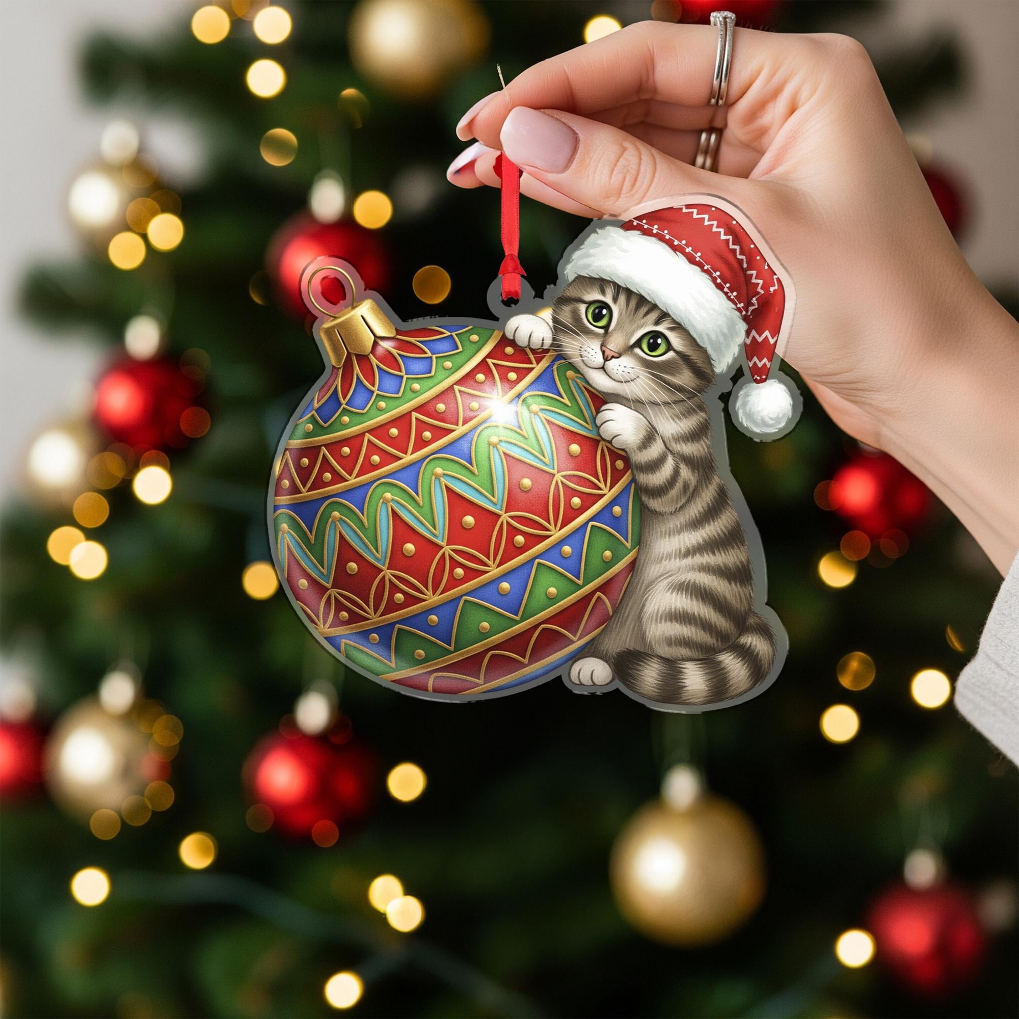 Christmas Cat Ornament Acrylic Suncatcher Red Santa Hat Hanging Decor
