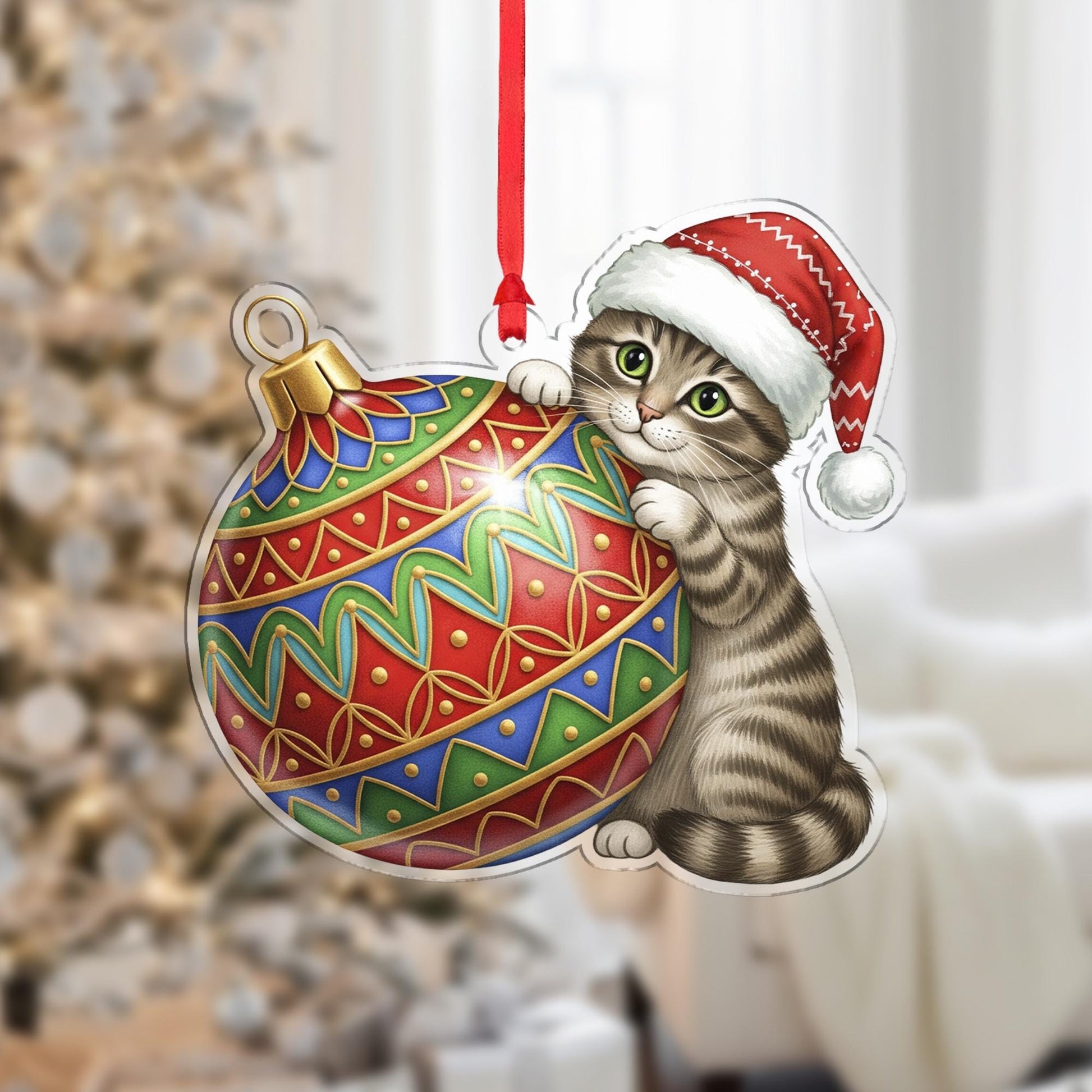 Christmas Cat Ornament Acrylic Suncatcher Red Santa Hat Hanging Decor