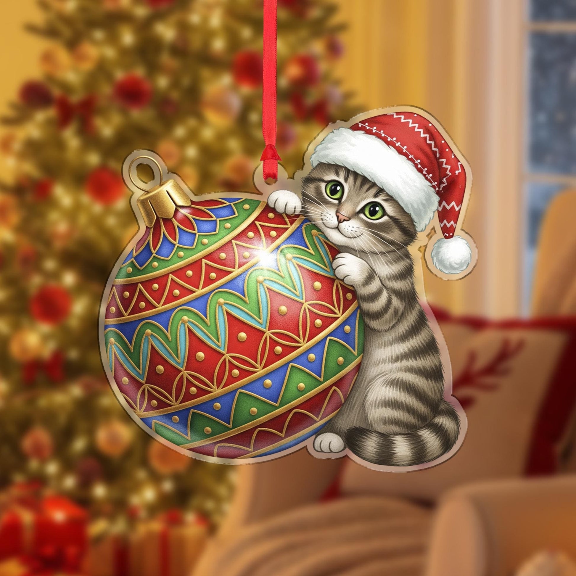 Christmas Cat Ornament Acrylic Suncatcher Red Santa Hat Hanging Decor