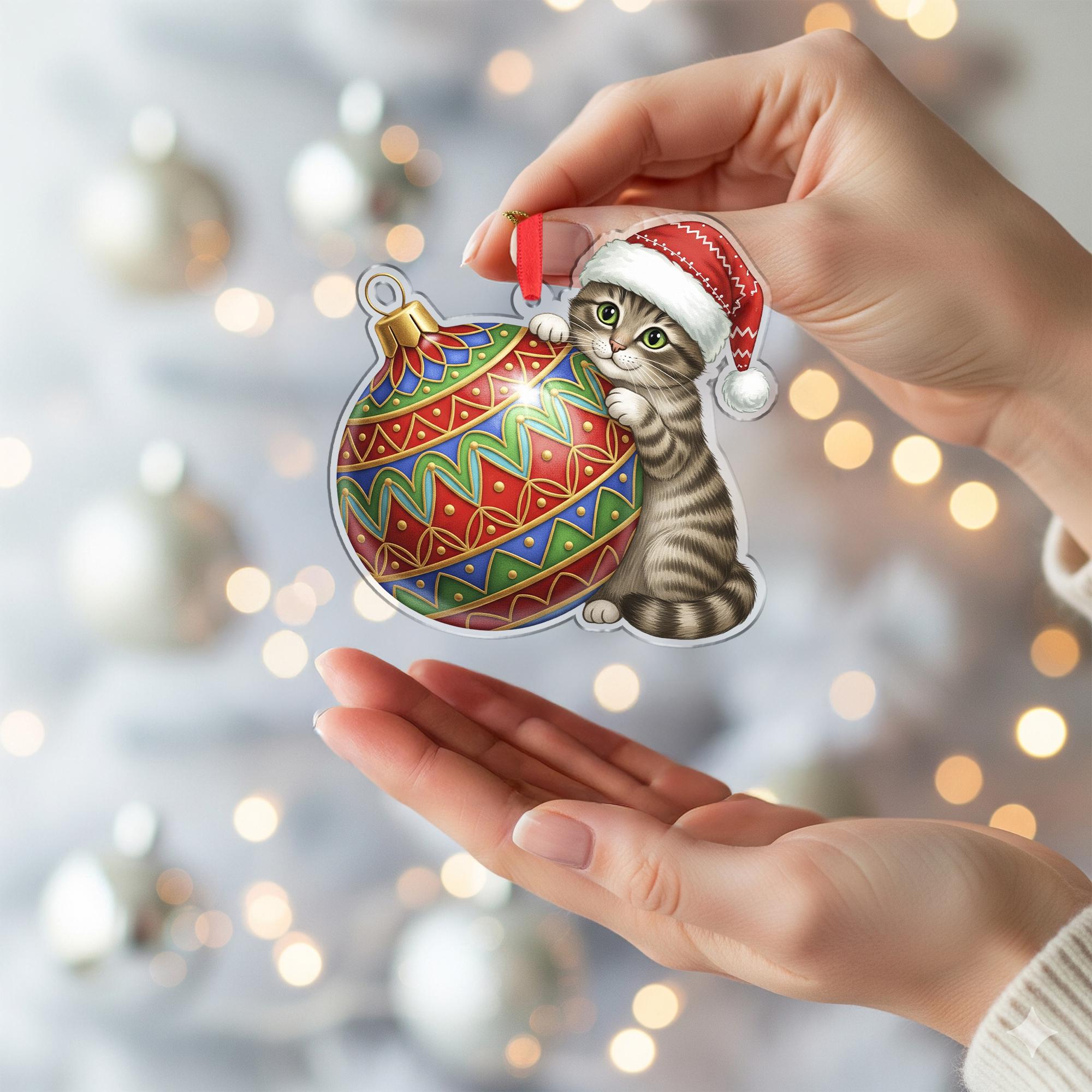 Christmas Cat Ornament Acrylic Suncatcher Red Santa Hat Hanging Decor