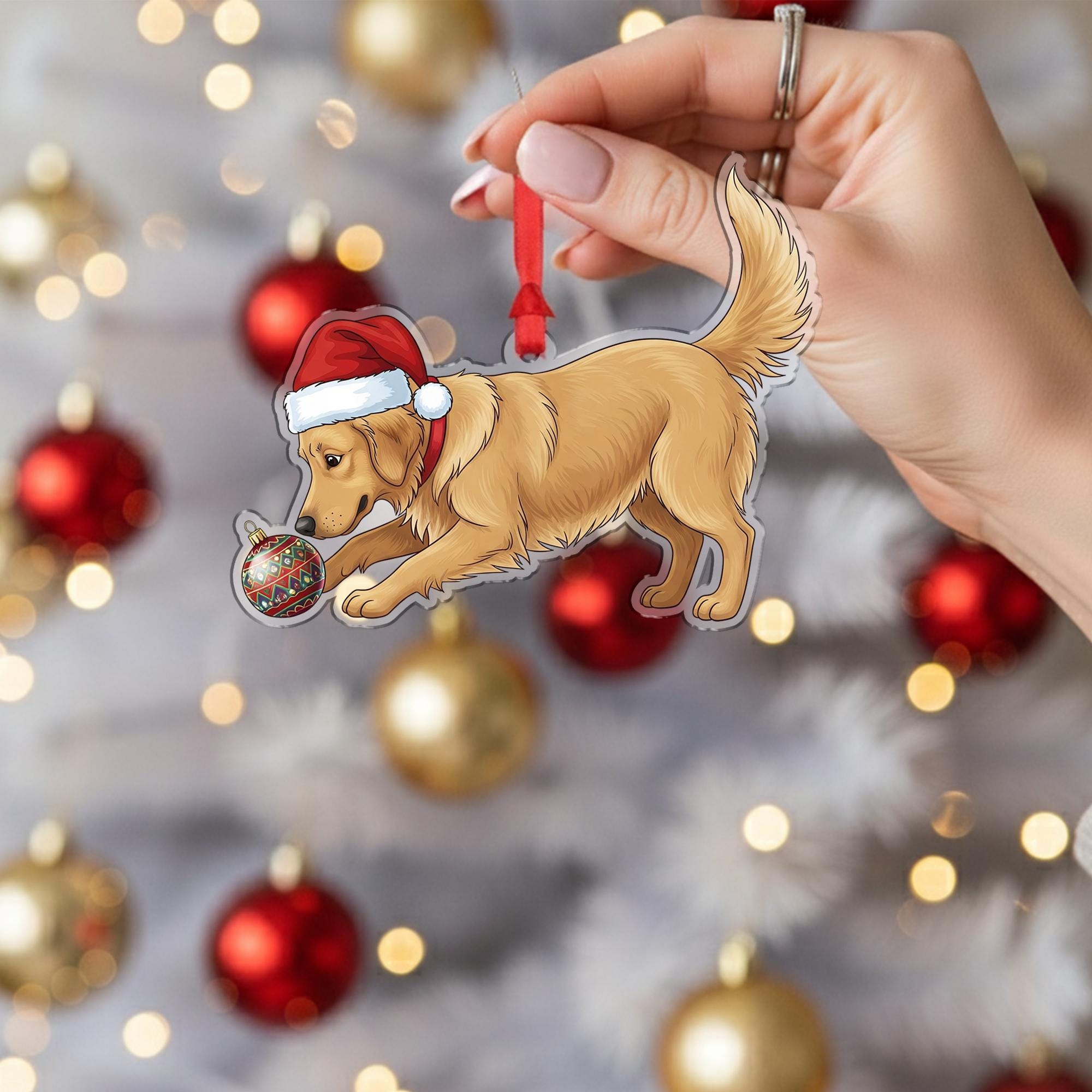 Christmas Dog Ornament Acrylic Suncatcher Golden Retriever Santa Hat Decor