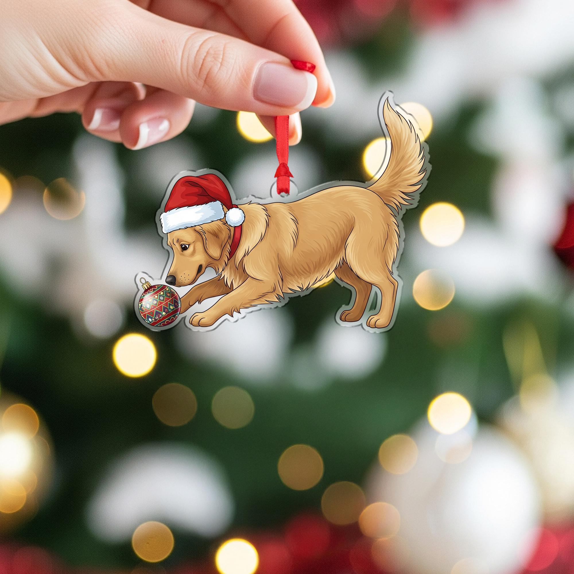 Christmas Dog Ornament Acrylic Suncatcher Golden Retriever Santa Hat Decor