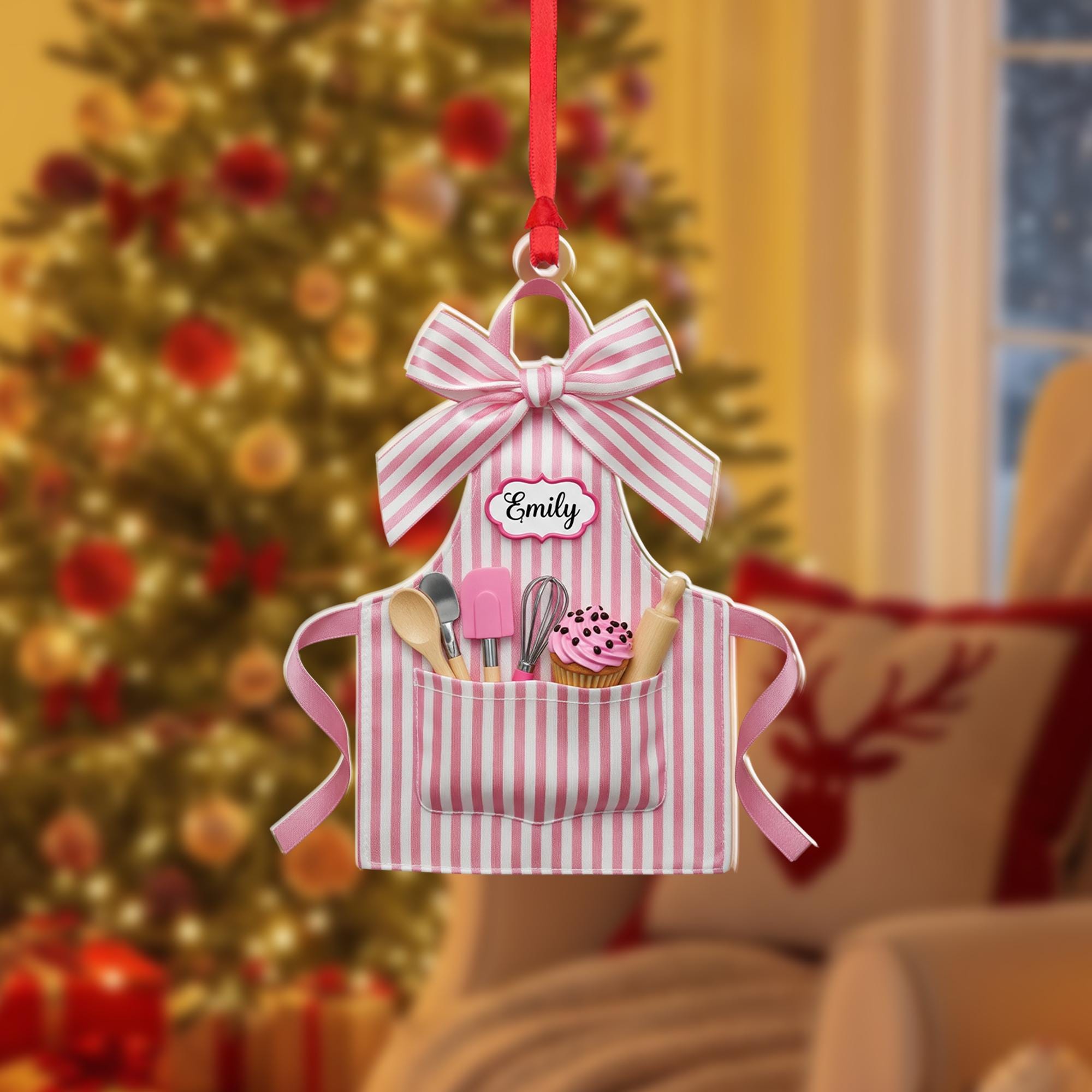 Personalized Baker Apron Ornament – Custom Name Kitchen Decor – Pink Striped Cooking Ornament