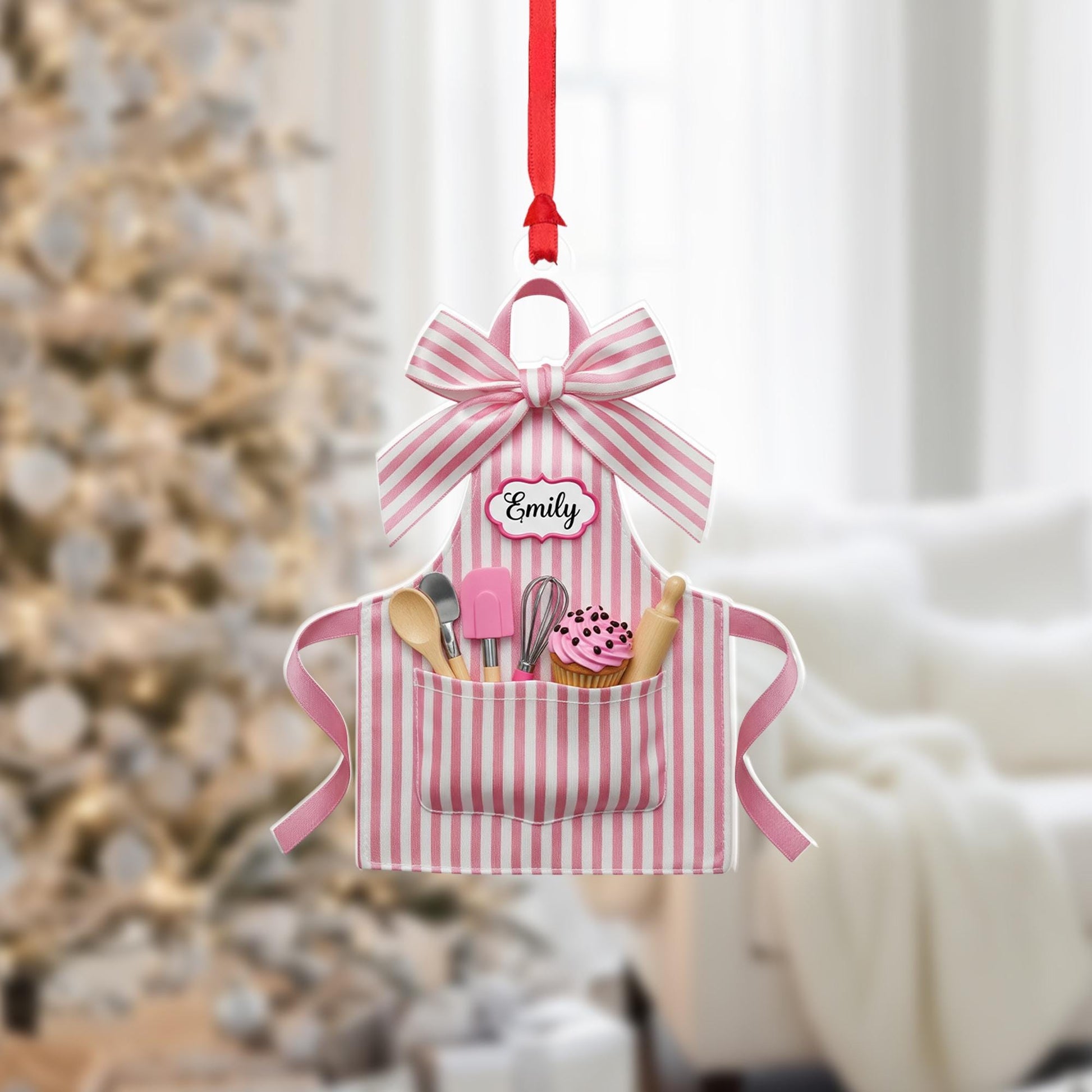 Personalized Baker Apron Ornament – Custom Name Kitchen Decor – Pink Striped Cooking Ornament