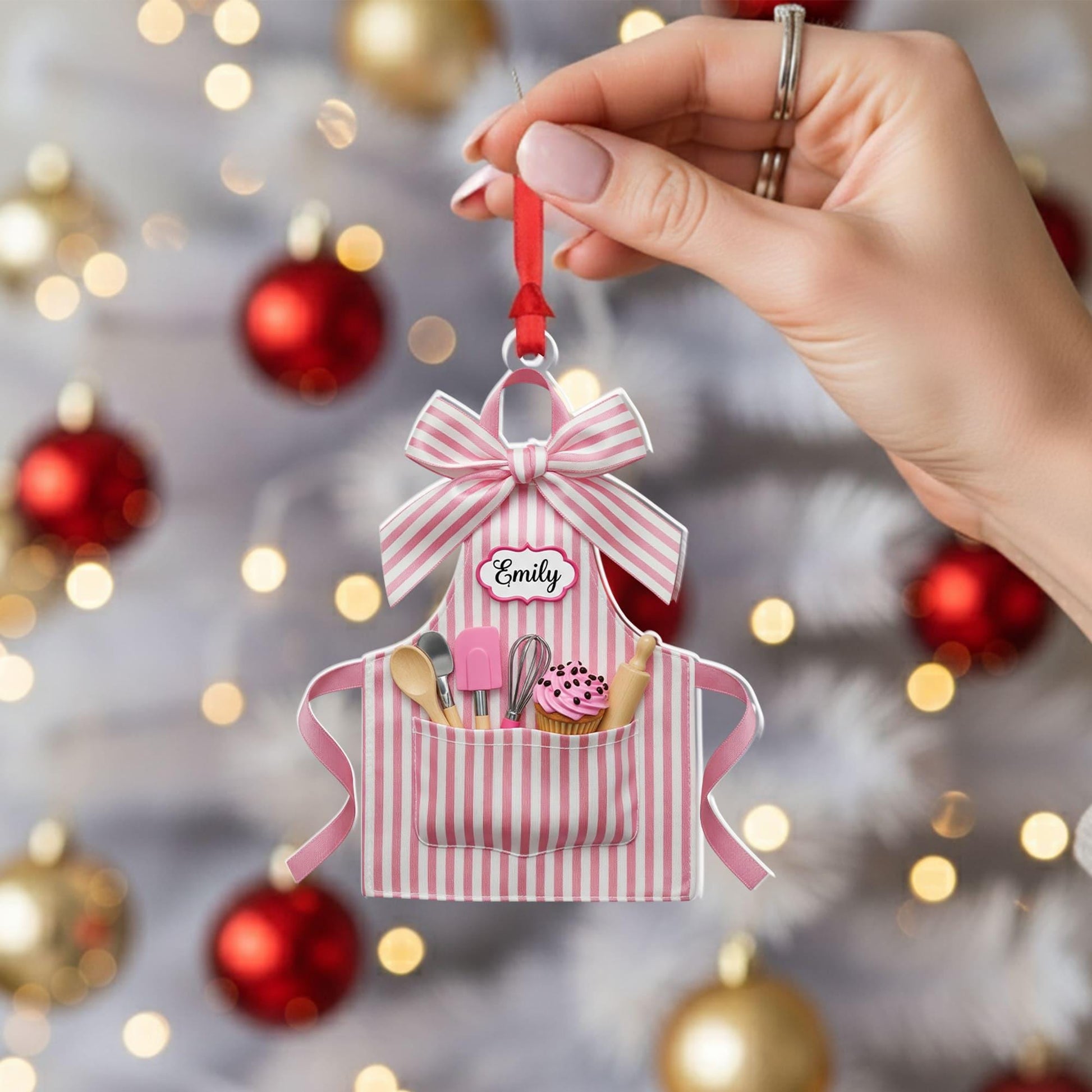 Personalized Baker Apron Ornament – Custom Name Kitchen Decor – Pink Striped Cooking Ornament