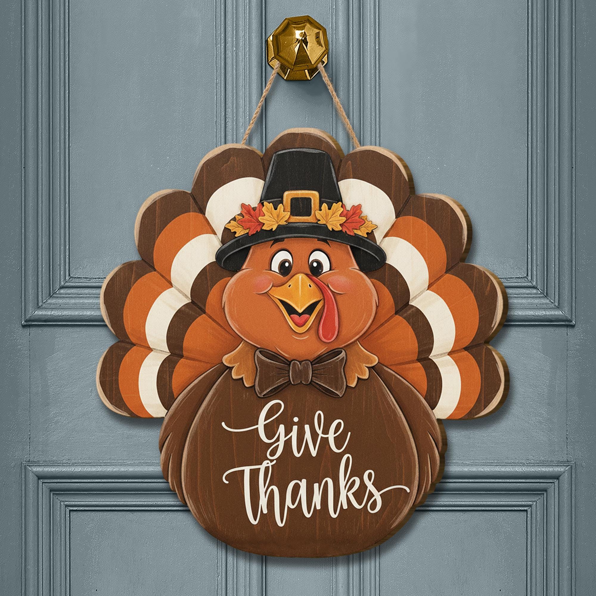 Give Thanks Turkey Door Sign - Thanksgiving Pilgrim Wooden Wall Decor