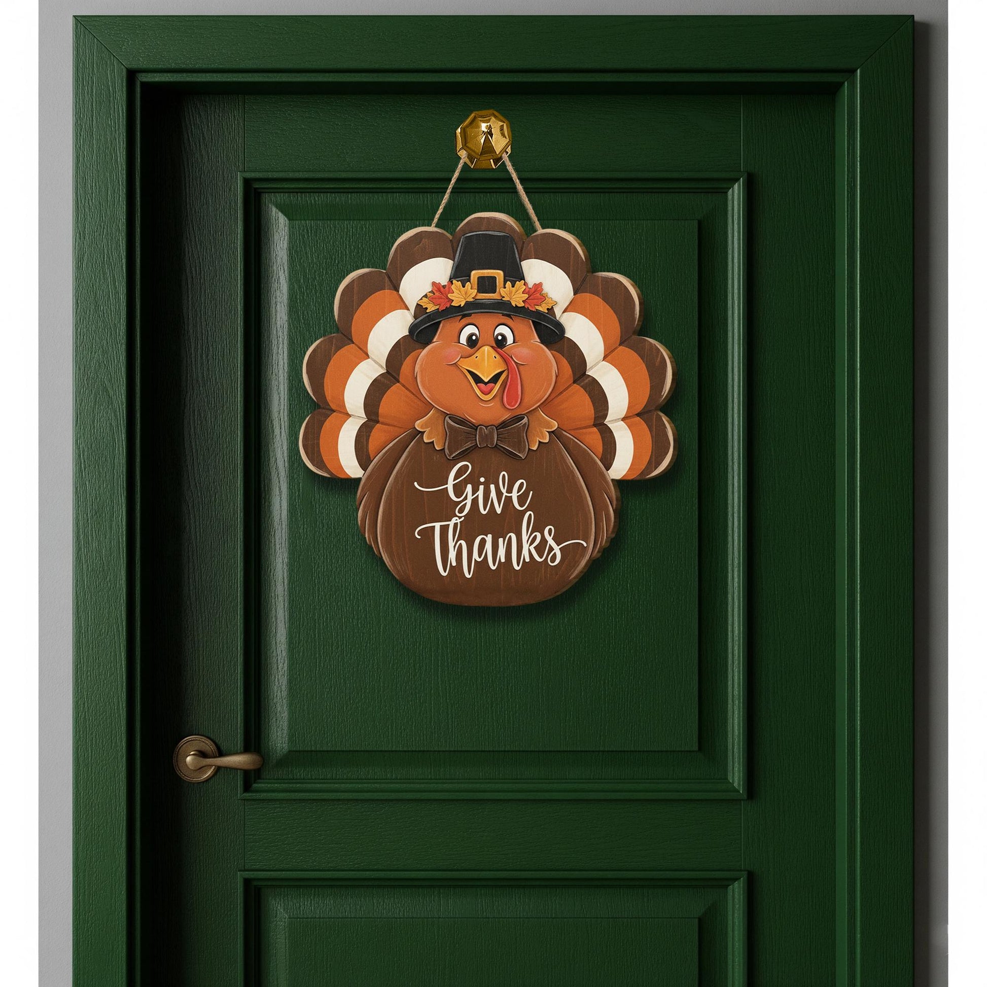 Give Thanks Turkey Door Sign - Thanksgiving Pilgrim Wooden Wall Decor