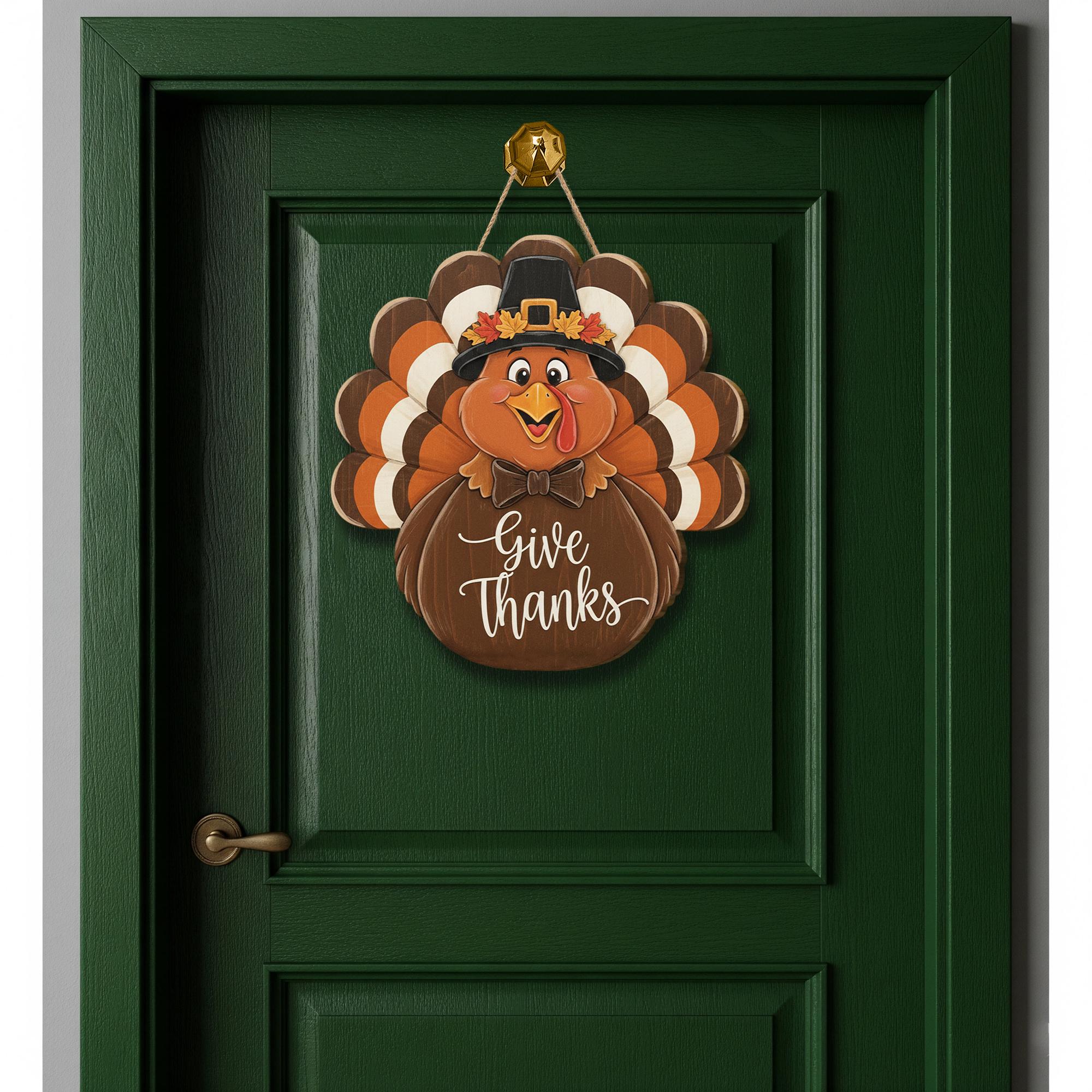 Give Thanks Turkey Door Sign - Thanksgiving Pilgrim Wooden Wall Decor