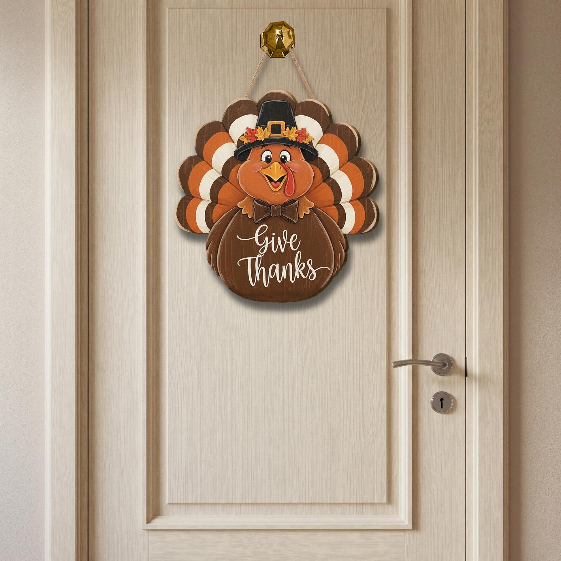 Give Thanks Turkey Door Sign - Thanksgiving Pilgrim Wooden Wall Decor