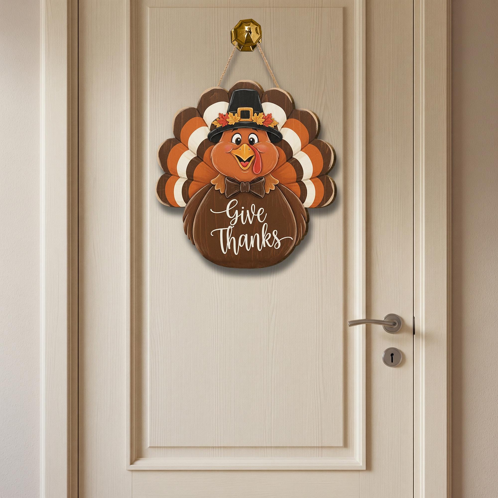 Give Thanks Turkey Door Sign - Thanksgiving Pilgrim Wooden Wall Decor