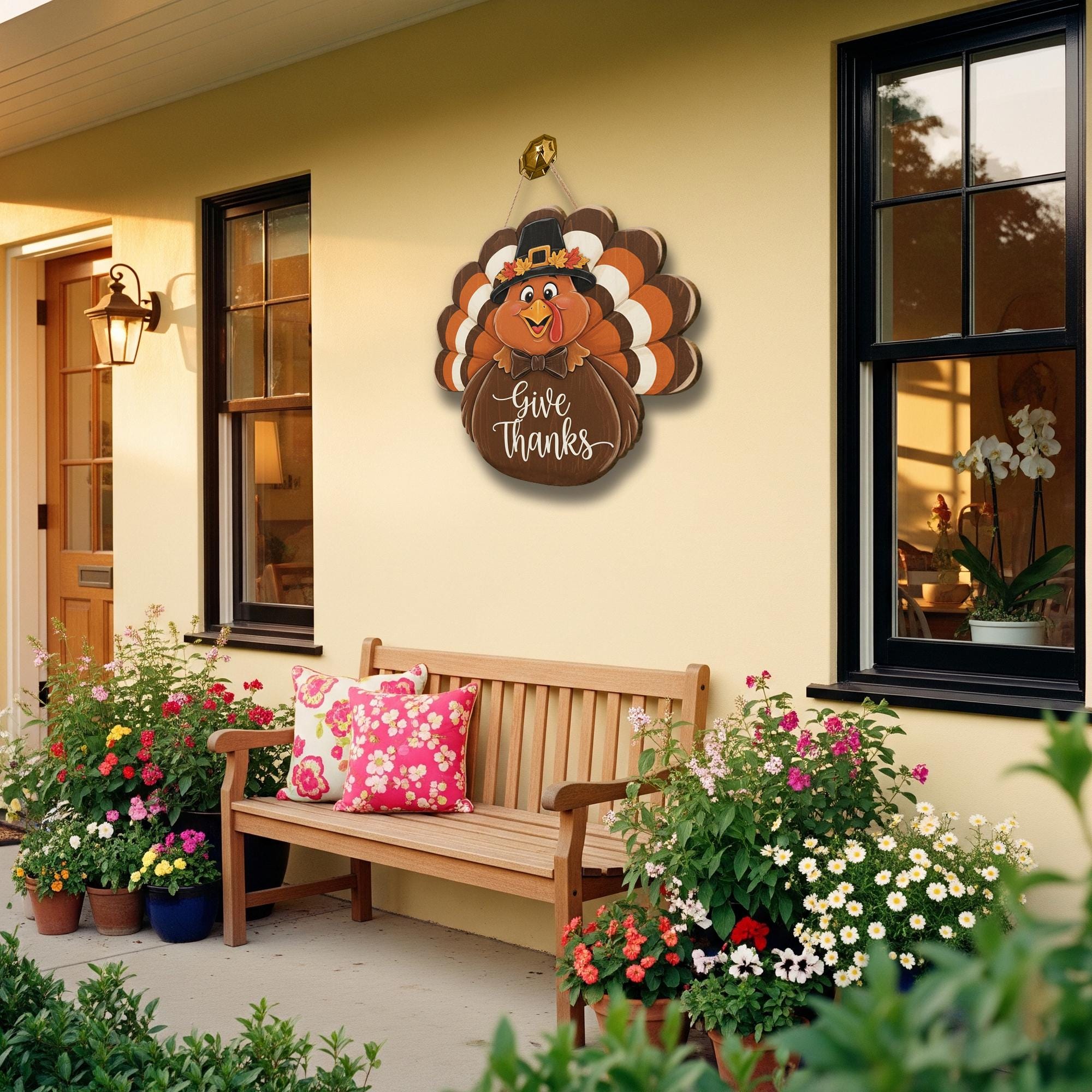 Give Thanks Turkey Door Sign - Thanksgiving Pilgrim Wooden Wall Decor