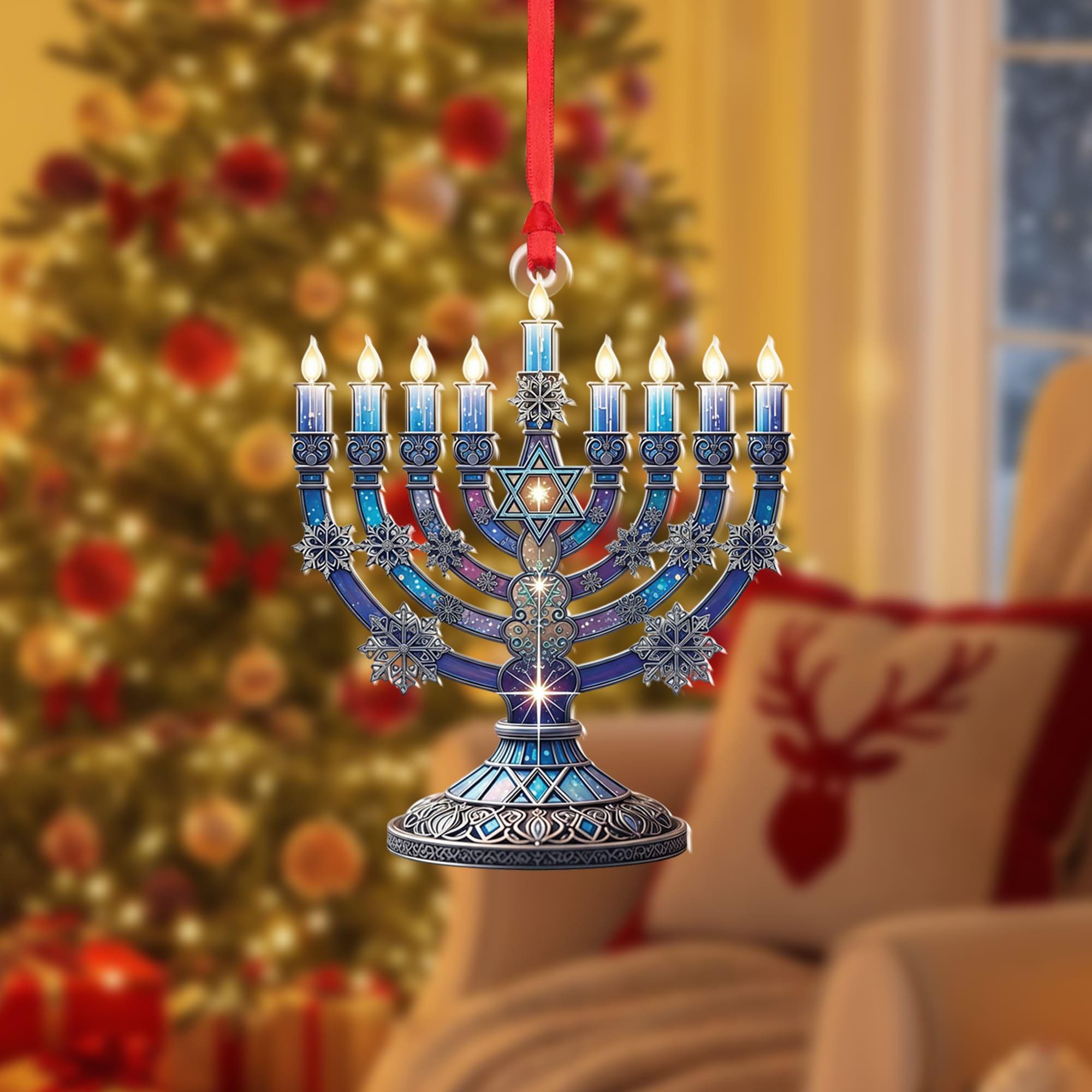 Hanukkah Menorah Ornament – Jewish Holiday Decoration – Blue Star of David Ornament – Festival of Lights Decor