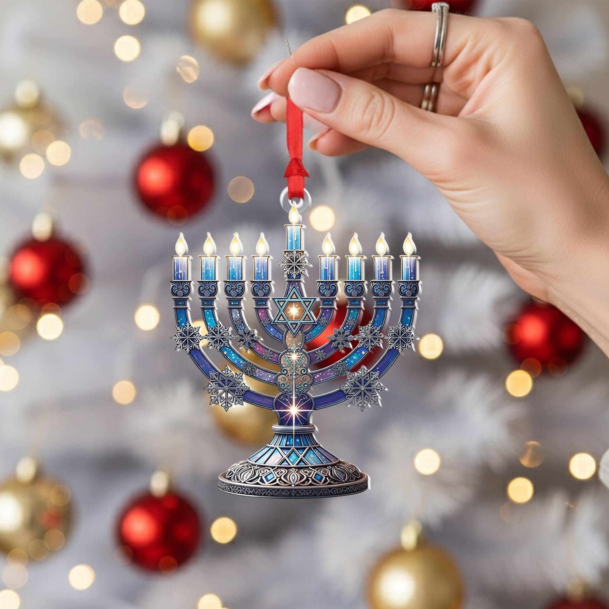 Hanukkah Menorah Ornament – Jewish Holiday Decoration – Blue Star of David Ornament – Festival of Lights Decor