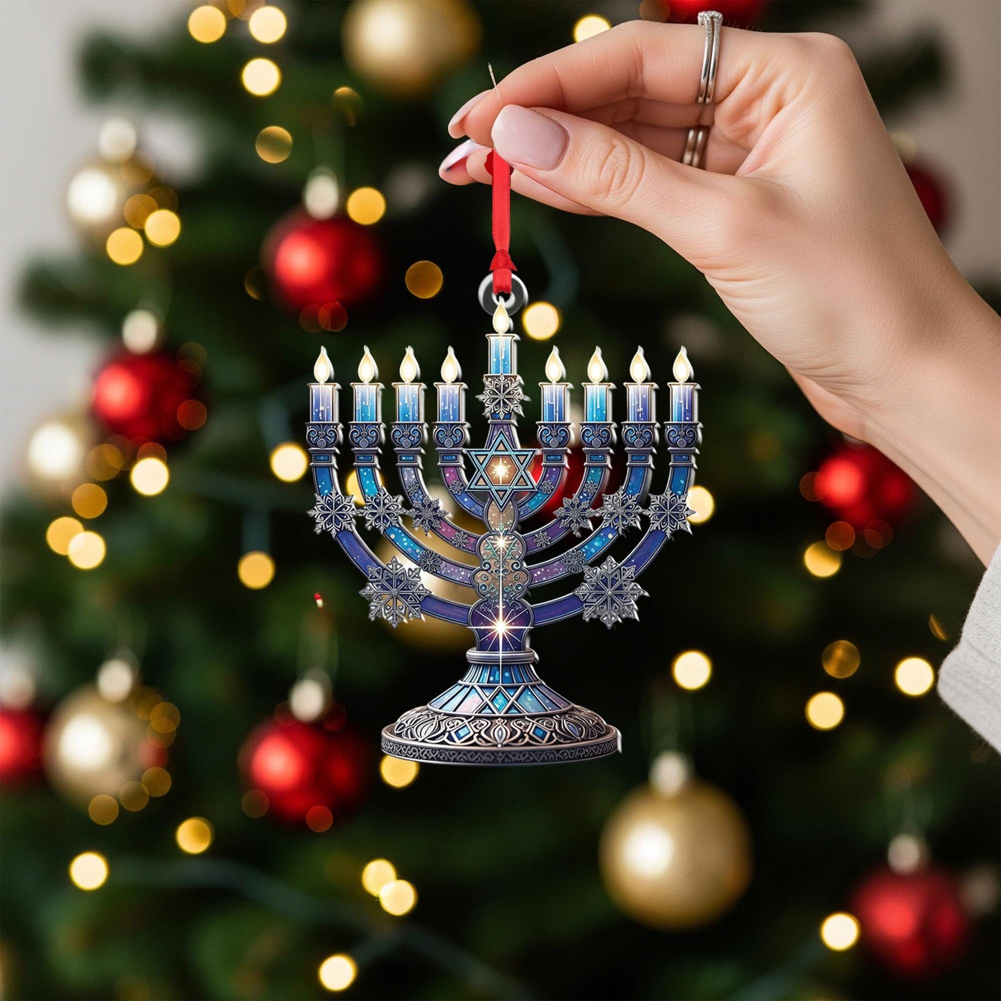 Hanukkah Menorah Ornament – Jewish Holiday Decoration – Blue Star of David Ornament – Festival of Lights Decor
