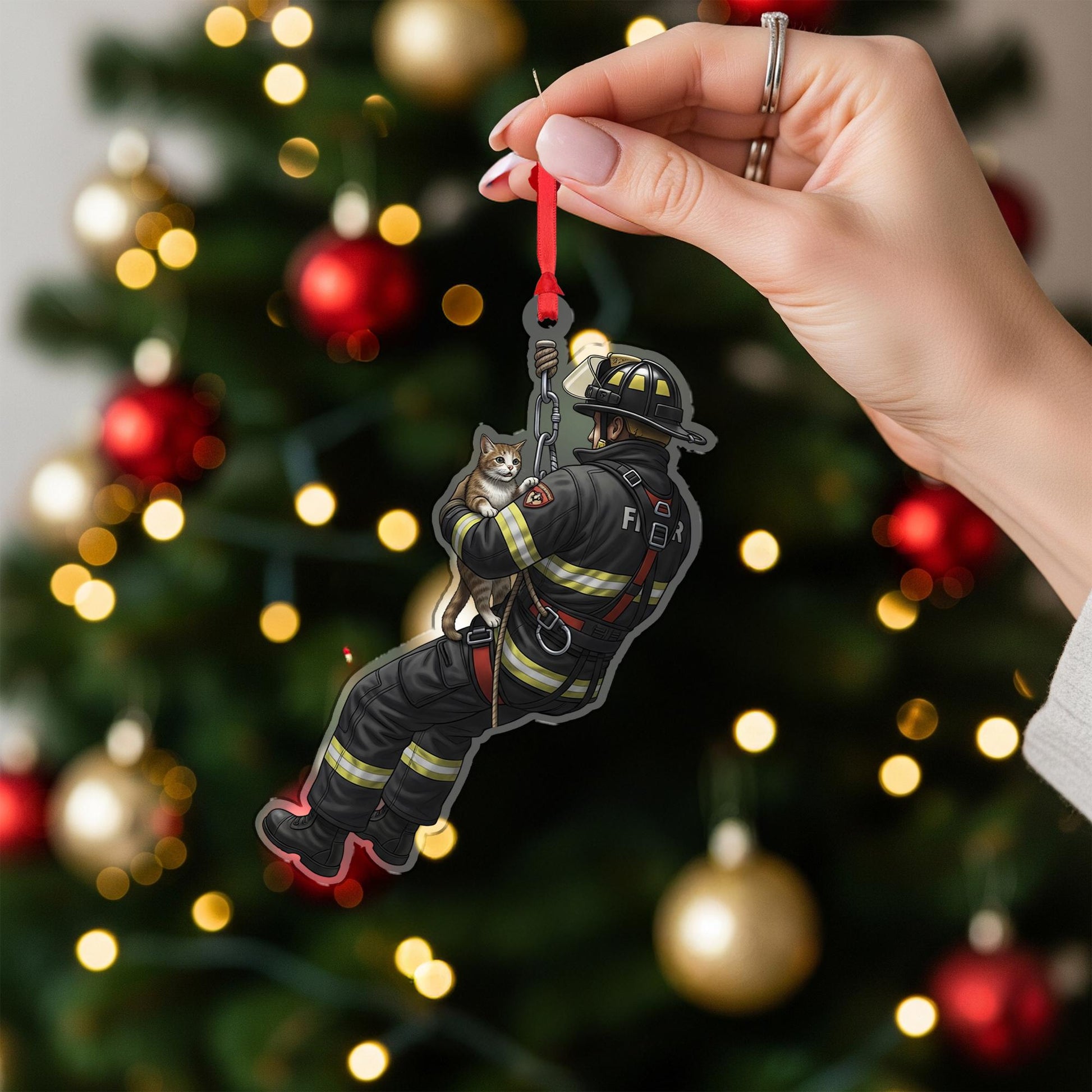 Firefighter Ornament Christmas Suncatcher Cat Rescue Hero Holiday Decor