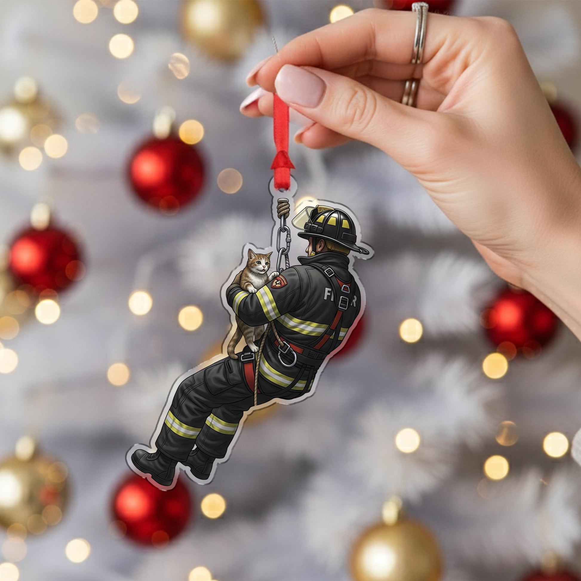 Firefighter Ornament Christmas Suncatcher Cat Rescue Hero Holiday Decor