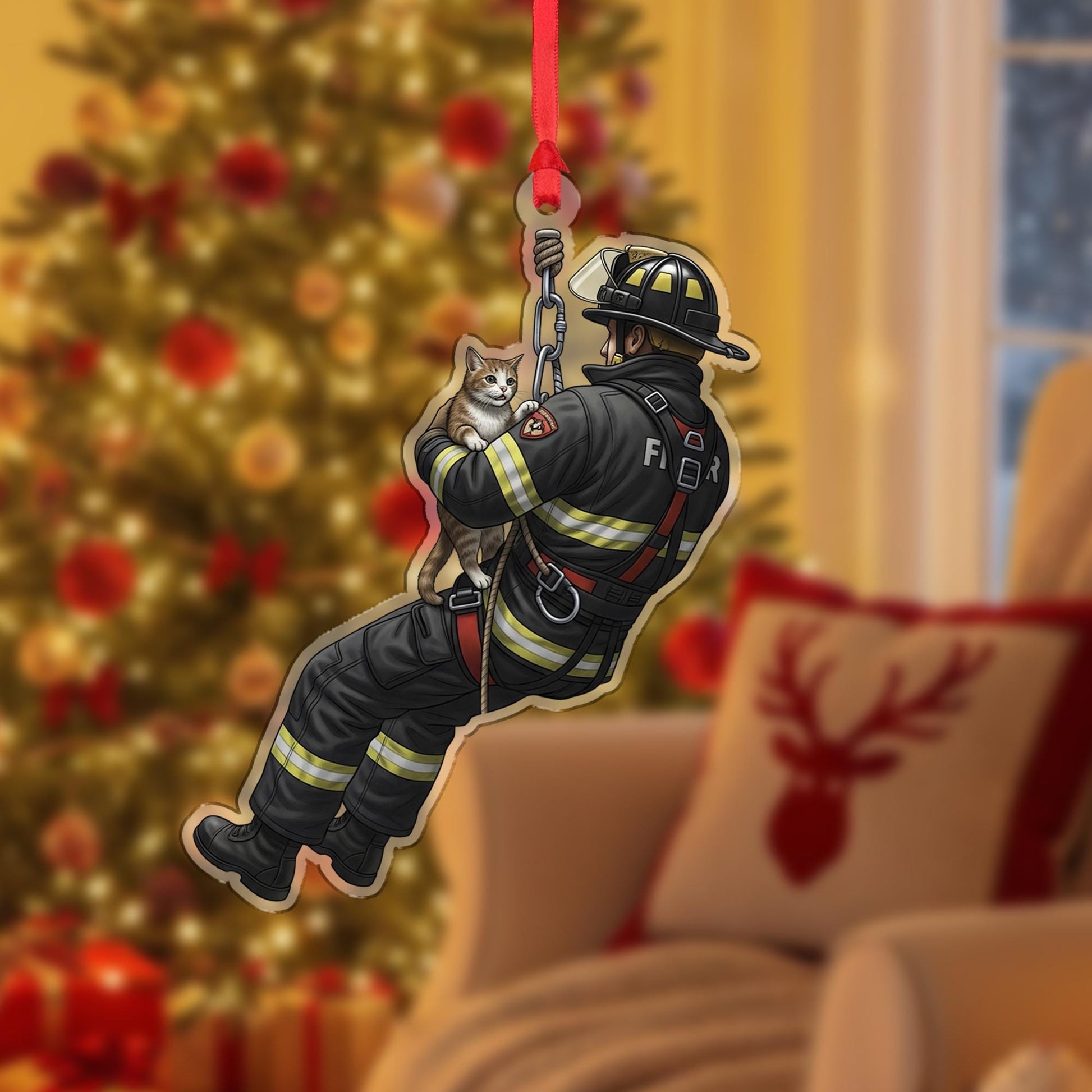 Firefighter Ornament Christmas Suncatcher Cat Rescue Hero Holiday Decor