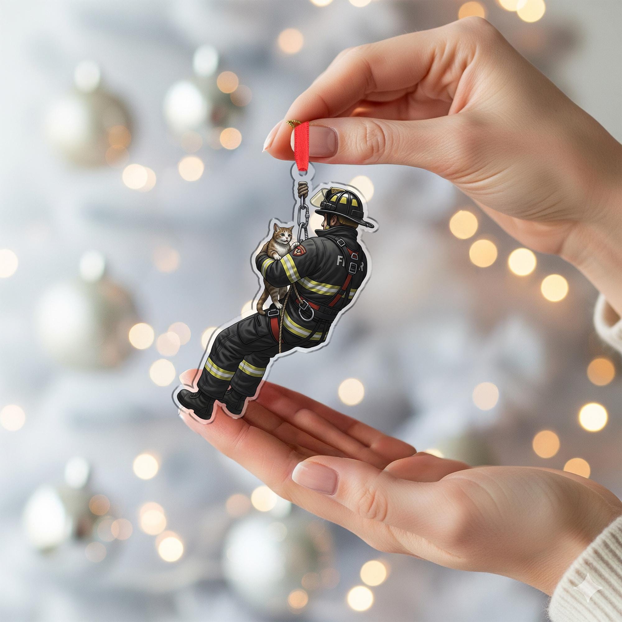 Firefighter Ornament Christmas Suncatcher Cat Rescue Hero Holiday Decor