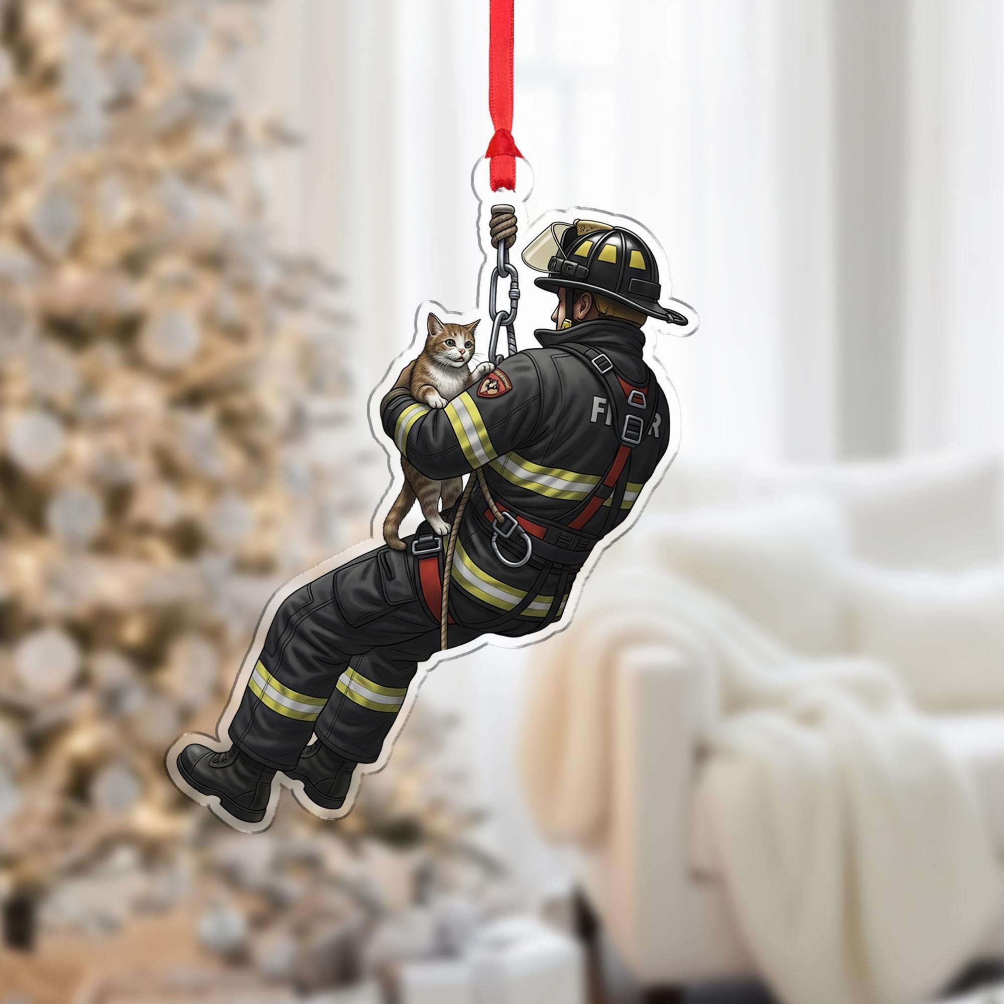 Firefighter Ornament Christmas Suncatcher Cat Rescue Hero Holiday Decor