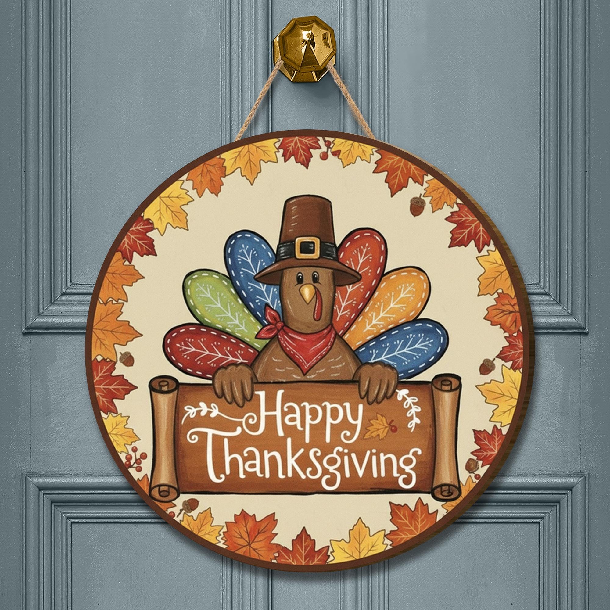 Happy Thanksgiving Turkey Round Door Sign - Fall Leaves Wooden Wall Decor