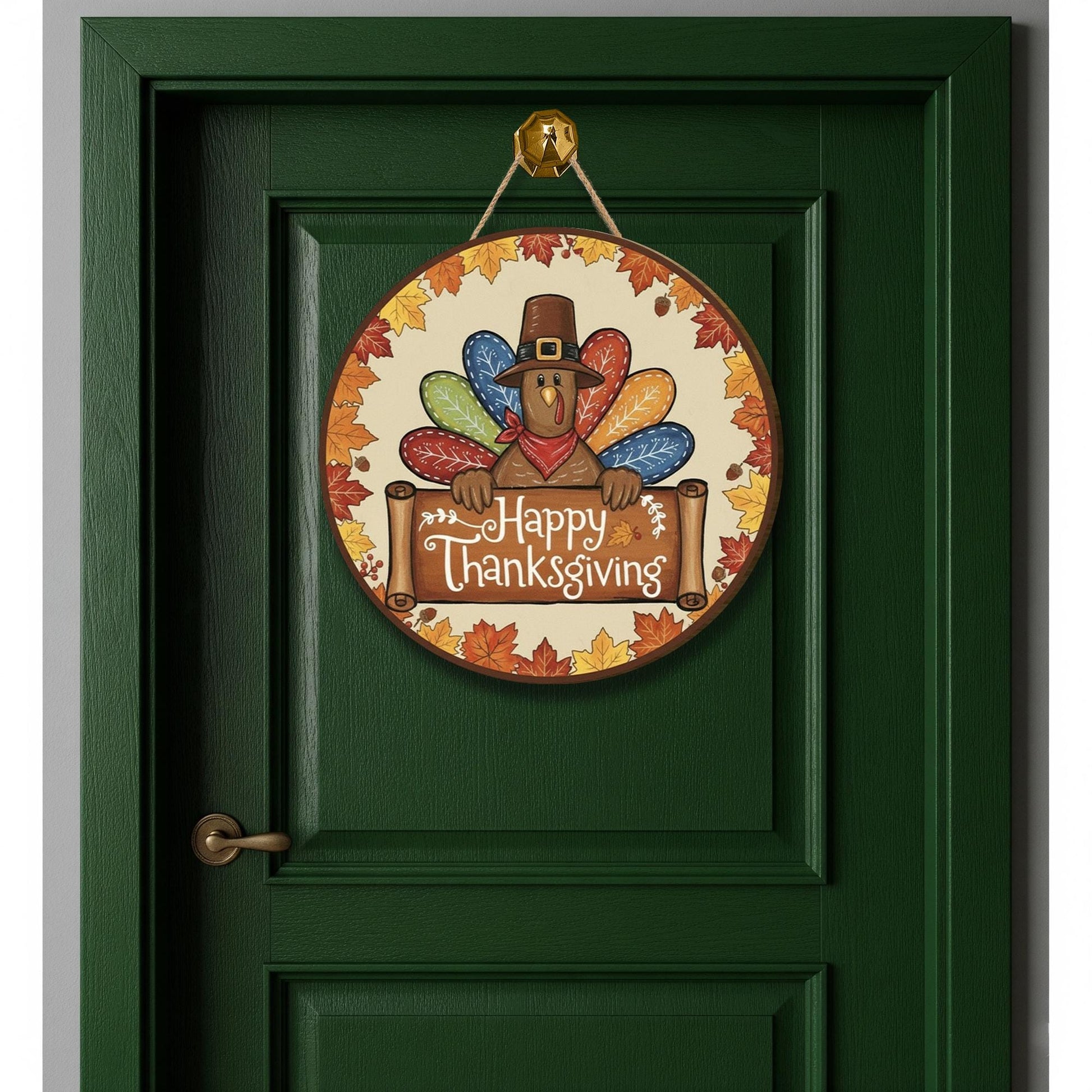 Happy Thanksgiving Turkey Round Door Sign - Fall Leaves Wooden Wall Decor