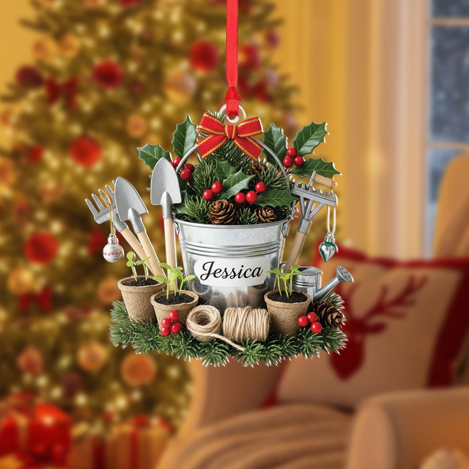 Personalized Gardening Ornament – Custom Name Garden Decor – Holiday Plant Bucket Decoration