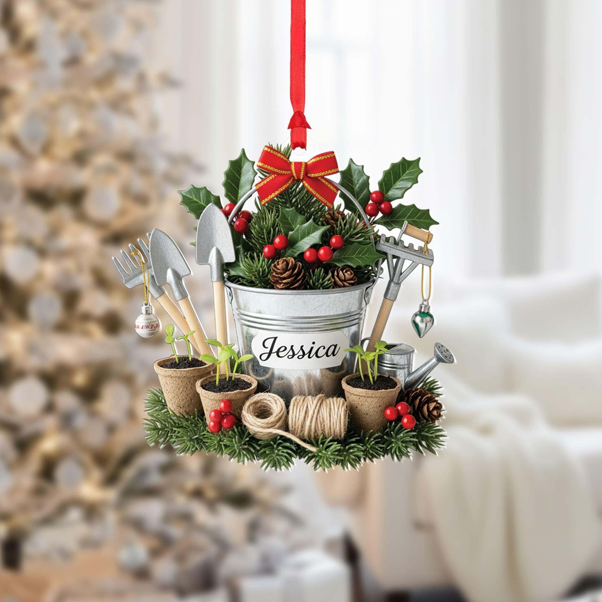 Personalized Gardening Ornament – Custom Name Garden Decor – Holiday Plant Bucket Decoration