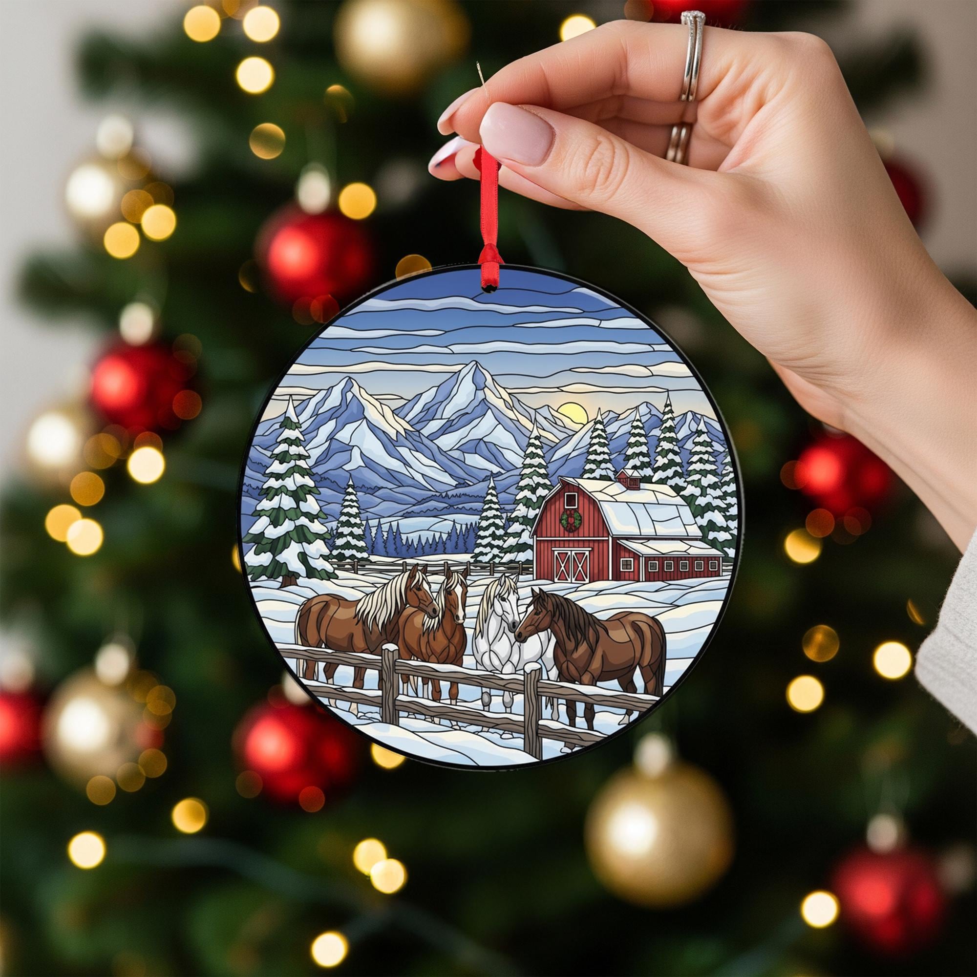 Horse Ornament Christmas Suncatcher Winter Barn Mountain Farm Decor