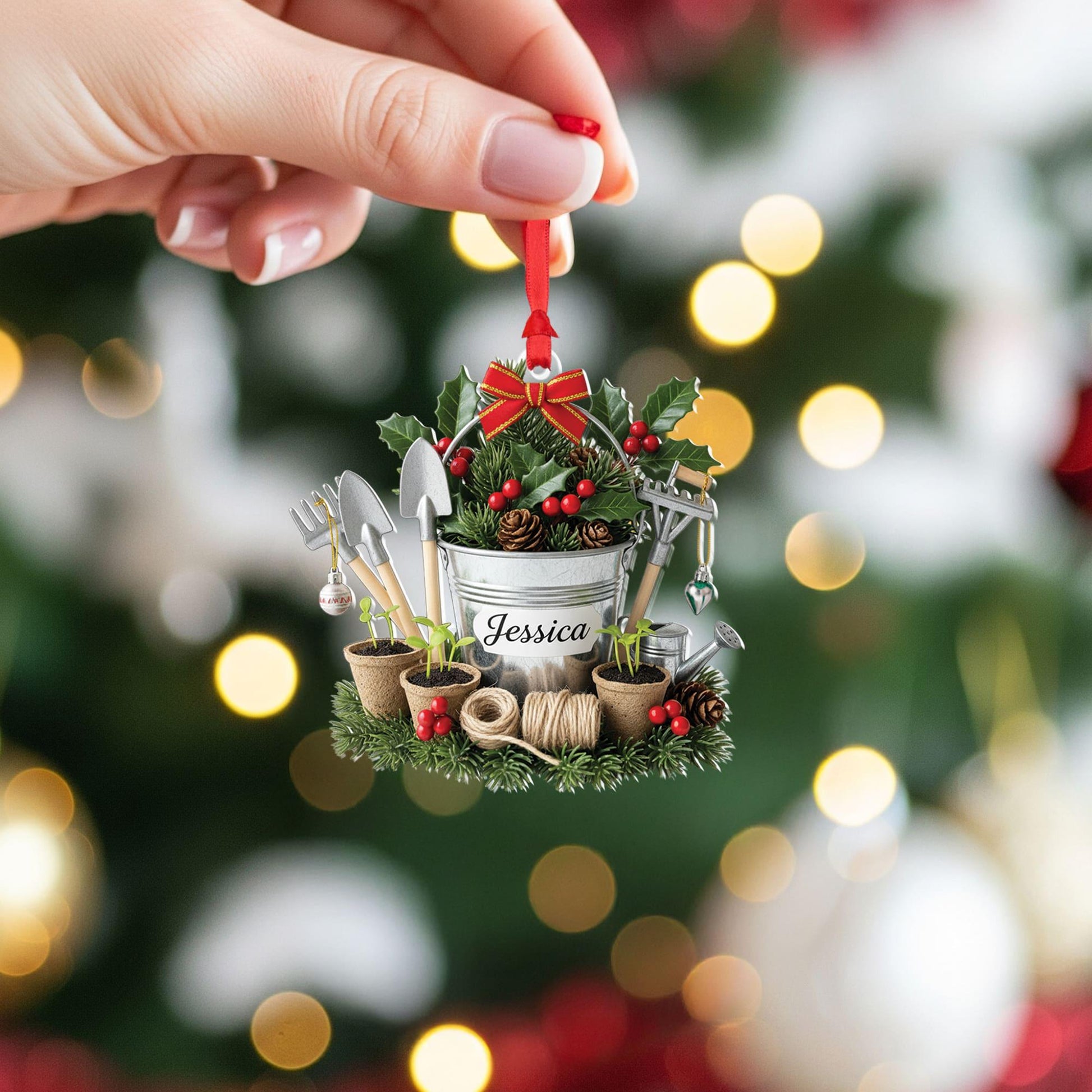 Personalized Gardening Ornament – Custom Name Garden Decor – Holiday Plant Bucket Decoration
