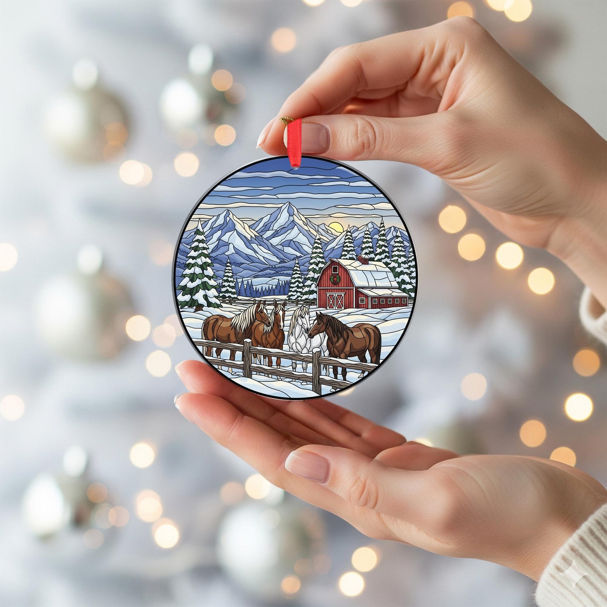 Horse Ornament Christmas Suncatcher Winter Barn Mountain Farm Decor