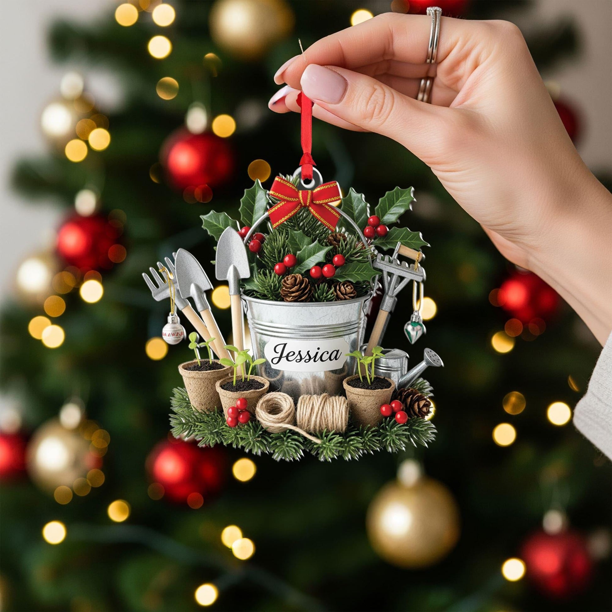 Personalized Gardening Ornament – Custom Name Garden Decor – Holiday Plant Bucket Decoration