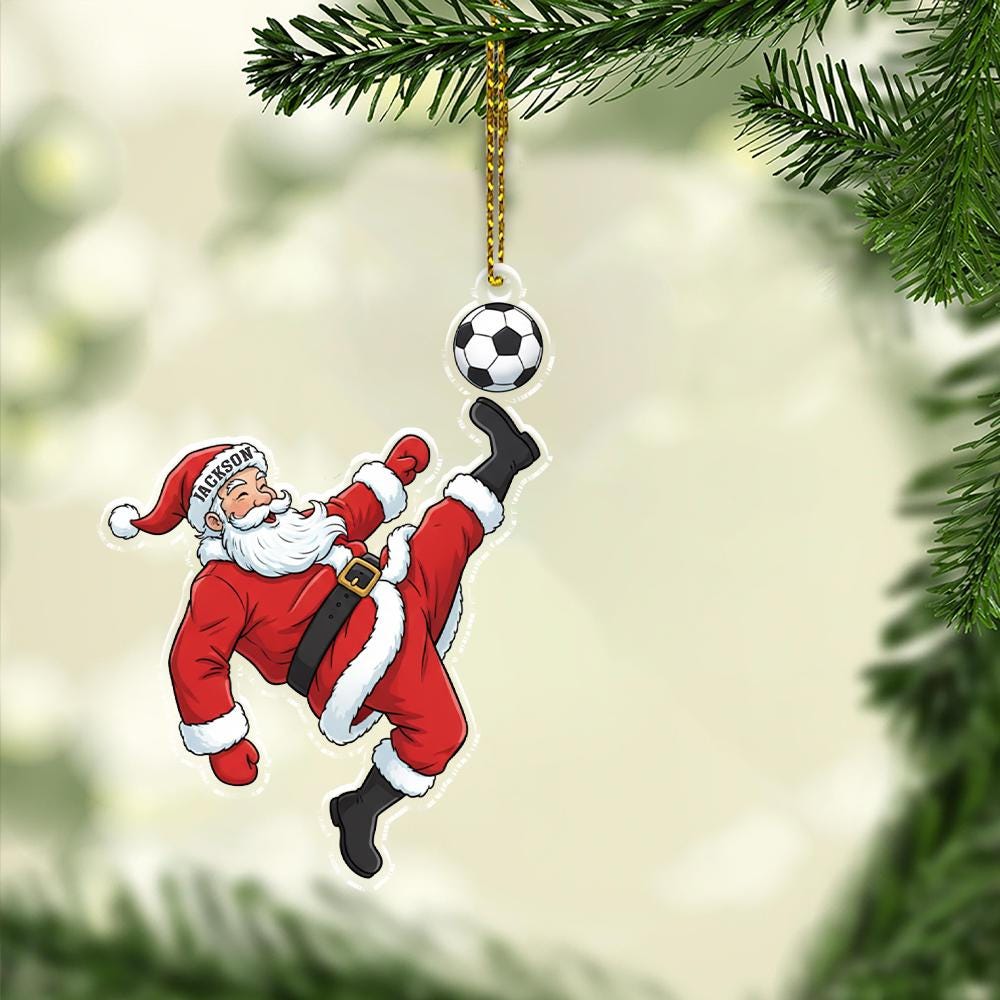 Personalized Soccer Santa Ornament – Custom Name Sports Decor – Holiday Christmas Tree Decoration