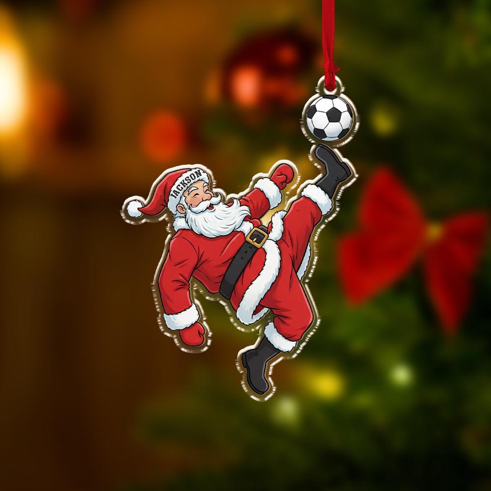 Personalized Soccer Santa Ornament – Custom Name Sports Decor – Holiday Christmas Tree Decoration