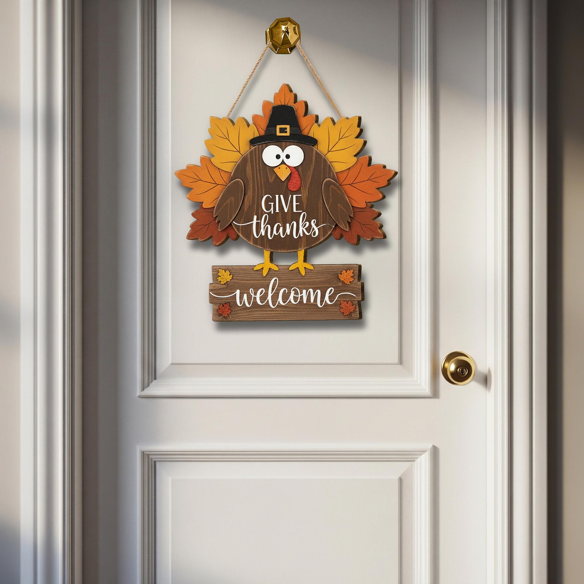 Turkey Wooden Door Sign - Give Thanks Welcome Fall Hanger, Rustic Autumn Decor