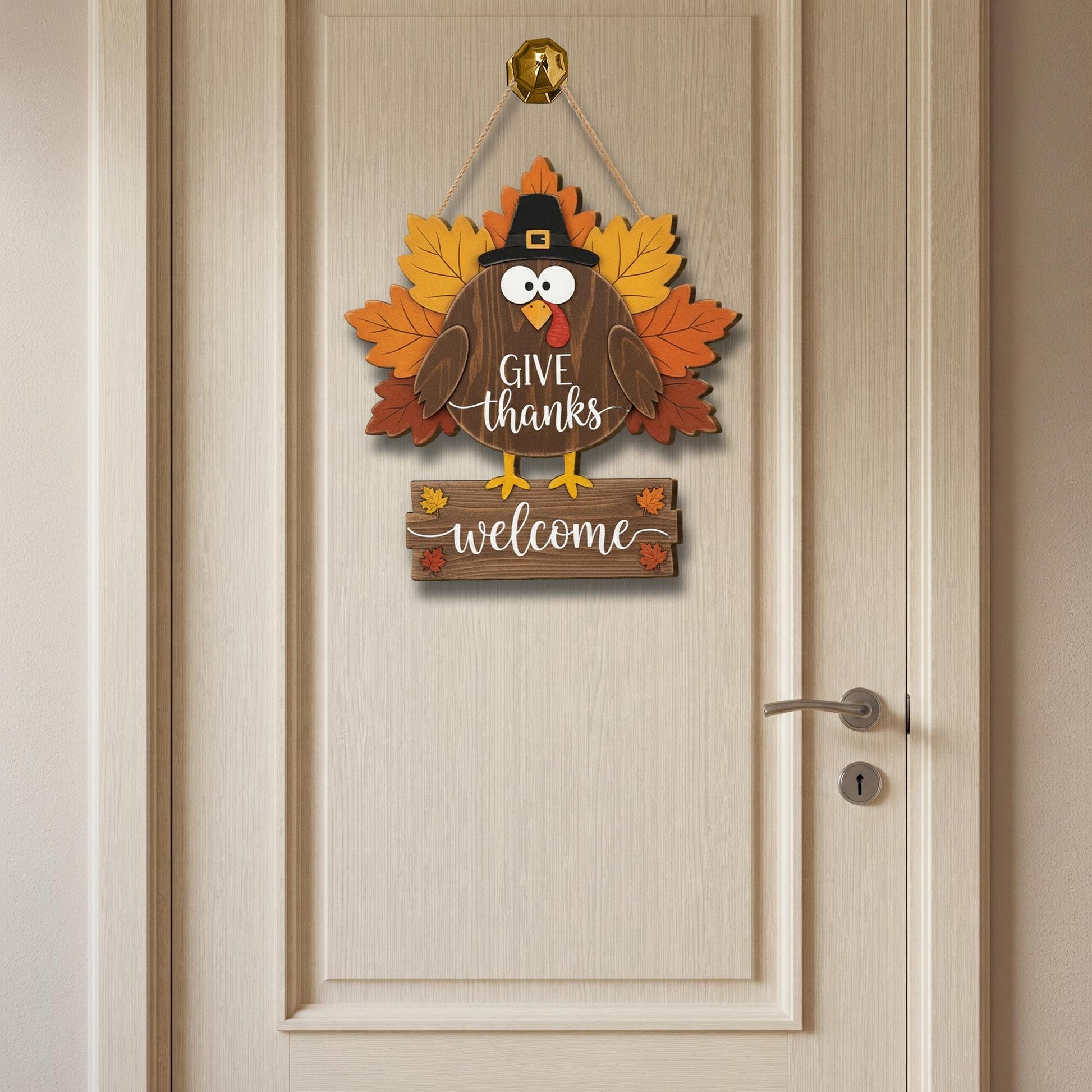 Turkey Wooden Door Sign - Give Thanks Welcome Fall Hanger, Rustic Autumn Decor