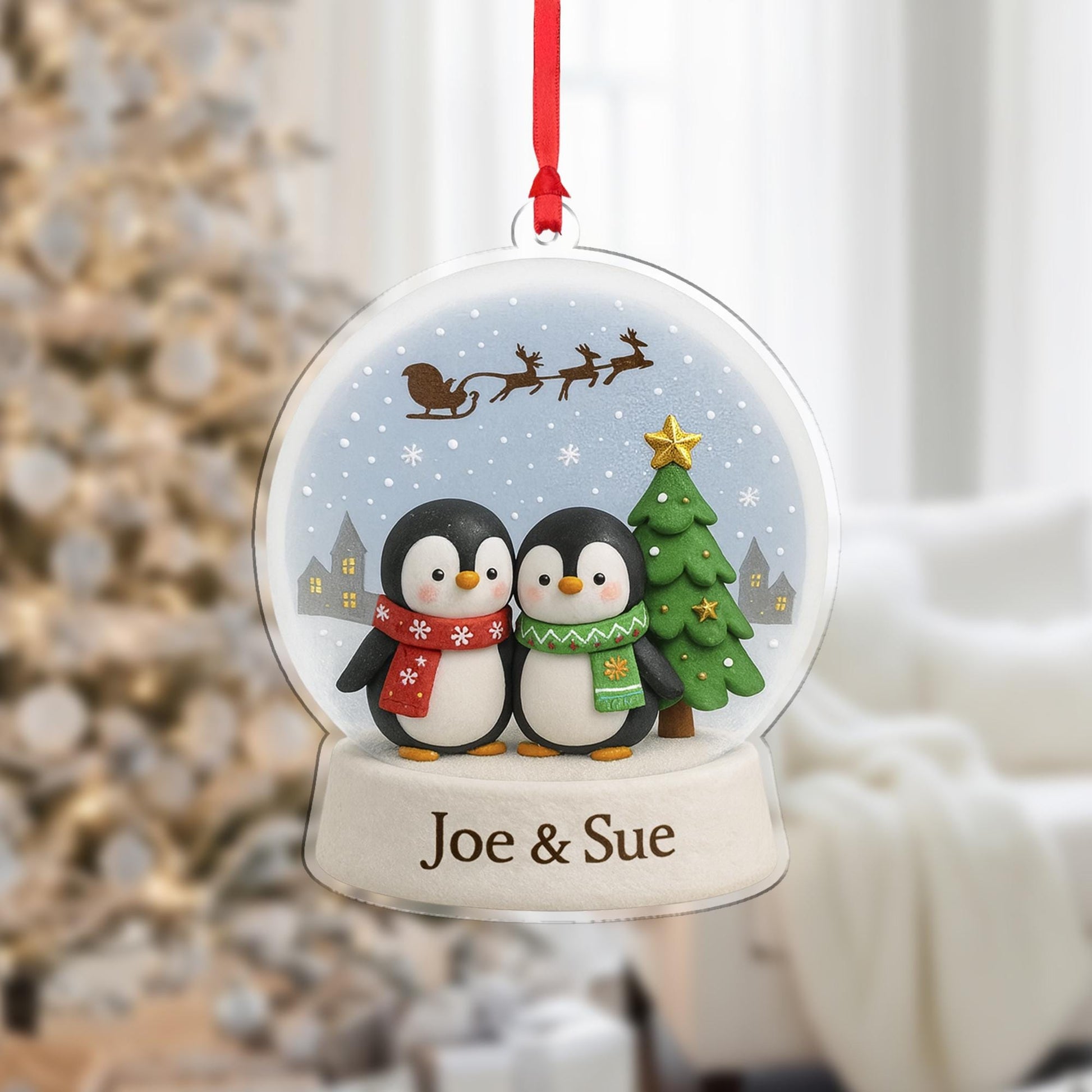 Penguin Couple Ornament Personalized Christmas Tree Holiday Suncatcher